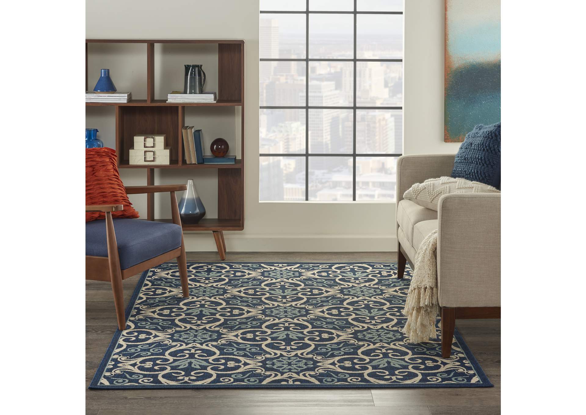 Nourison Caribbean CRB02 Navy Blue and White 4'x6' Area Rug,Nourison