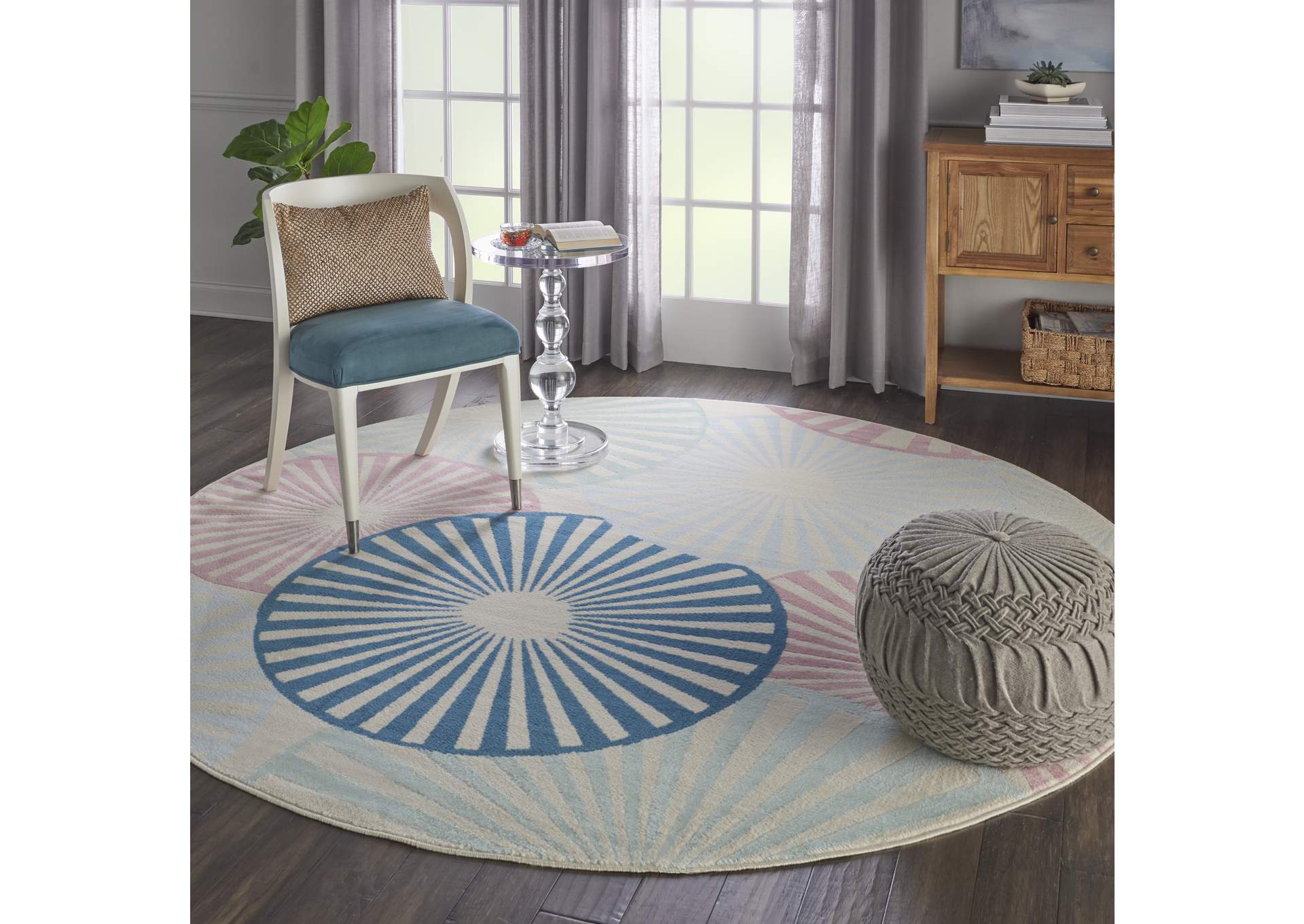 Nourison Grafix GRF20 White and Blue 8' Round Large Rug,Nourison