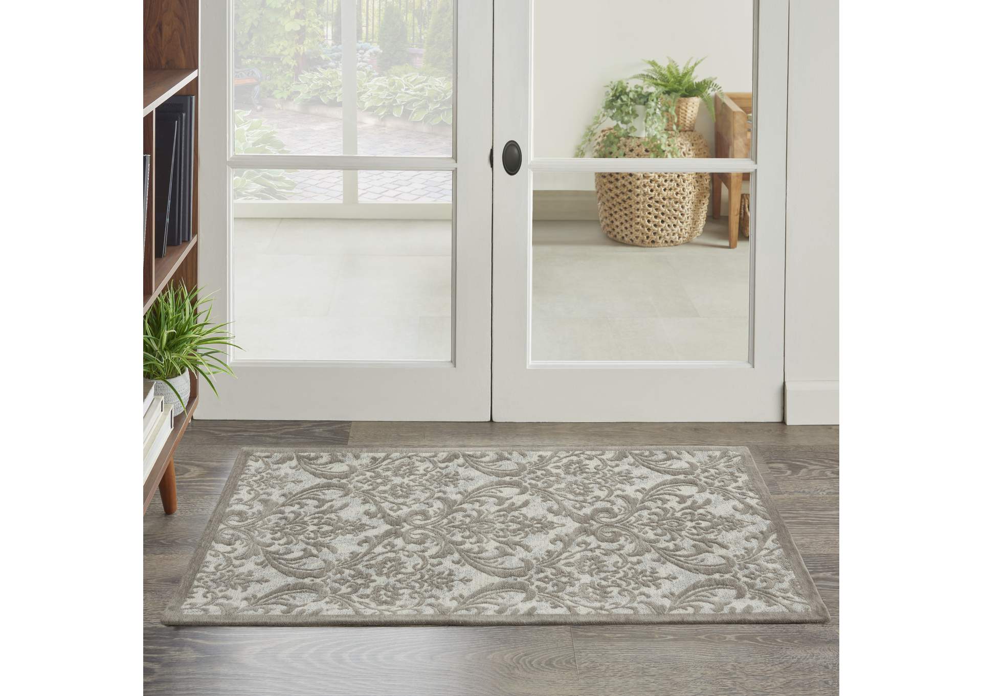 Nourison Damask 2' X 4' Grey and White Vintage Area Rug,Nourison
