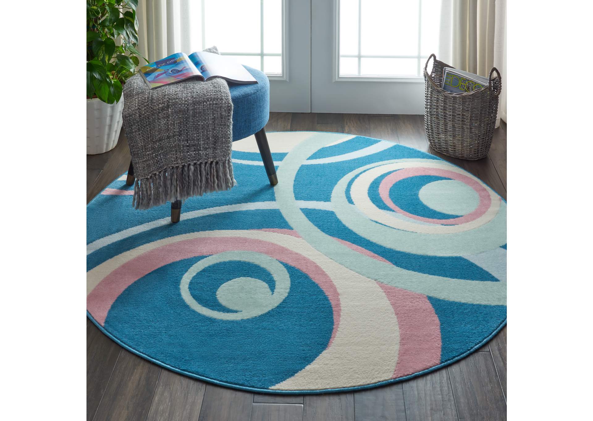 Nourison Grafix GRF21 Blue and Pink 5' Round Mid-century Area Rug,Nourison