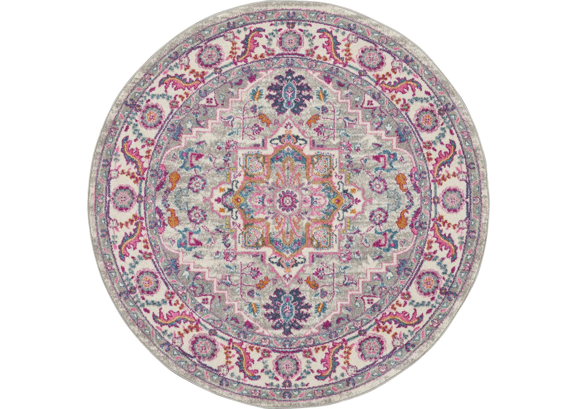 Nourison Passion PSN20 Grey and Pink 5' Round Persian Area Rug,Nourison