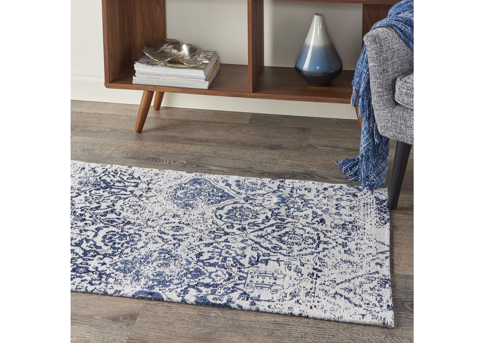 Nourison Damask 2' X 4' Dark Blue and White Vintage Area Rug,Nourison
