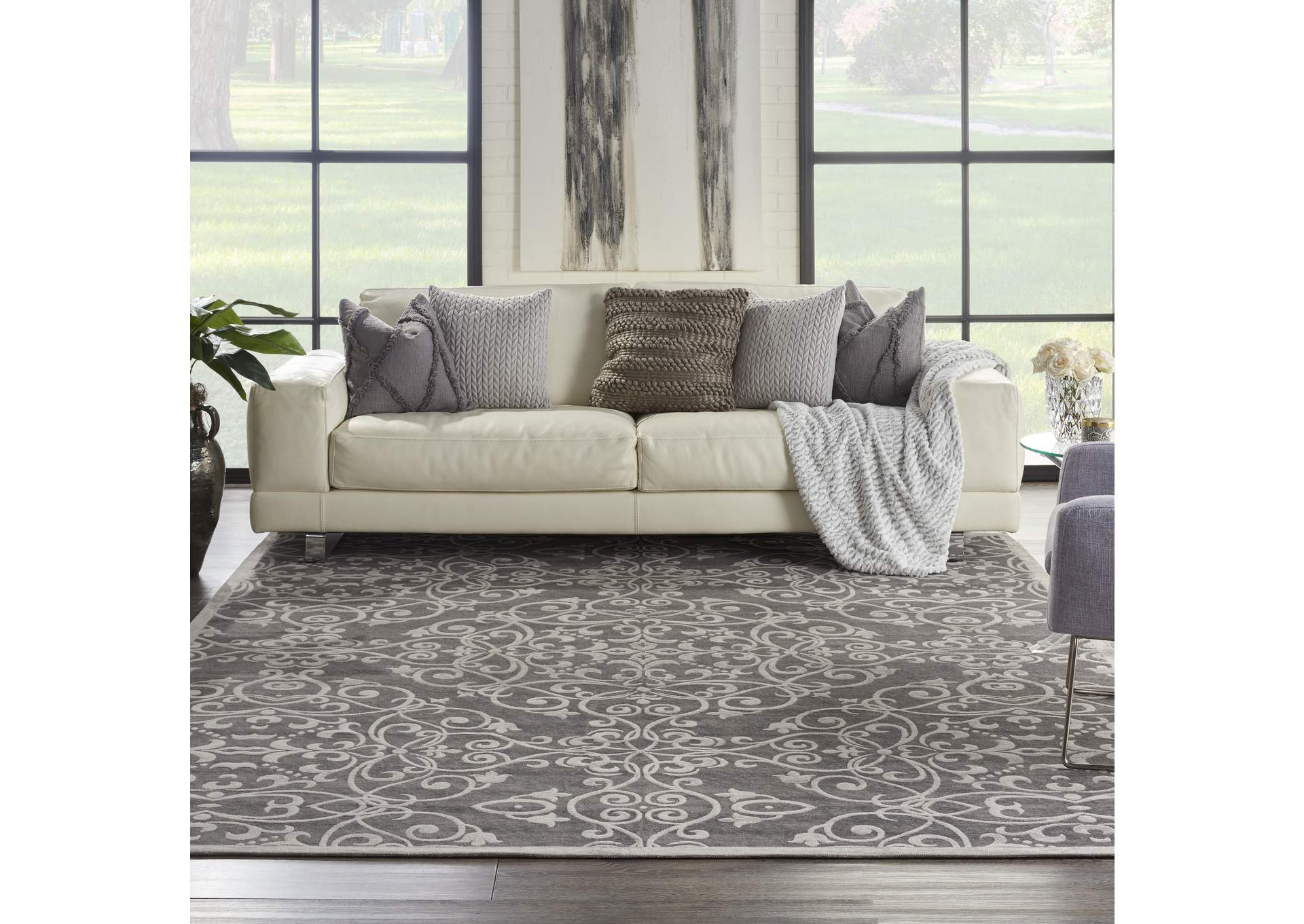 Nourison Damask DAS01 Grey 8'x10' Large Flat Rug,Nourison