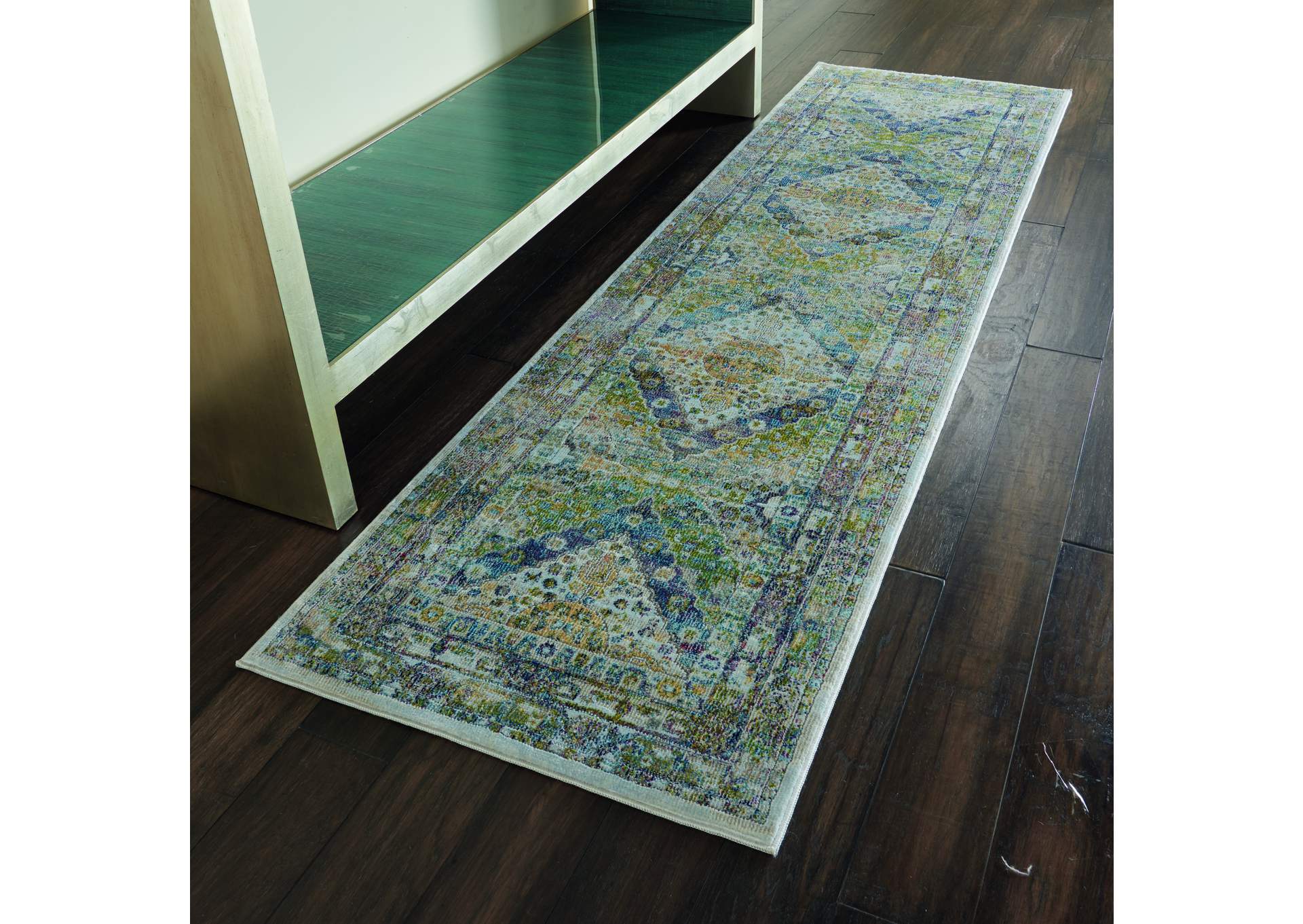 Nourison Ankara Global ANR07 Blue and Green 8' Runner Low-pile Hallway Rug,Nourison