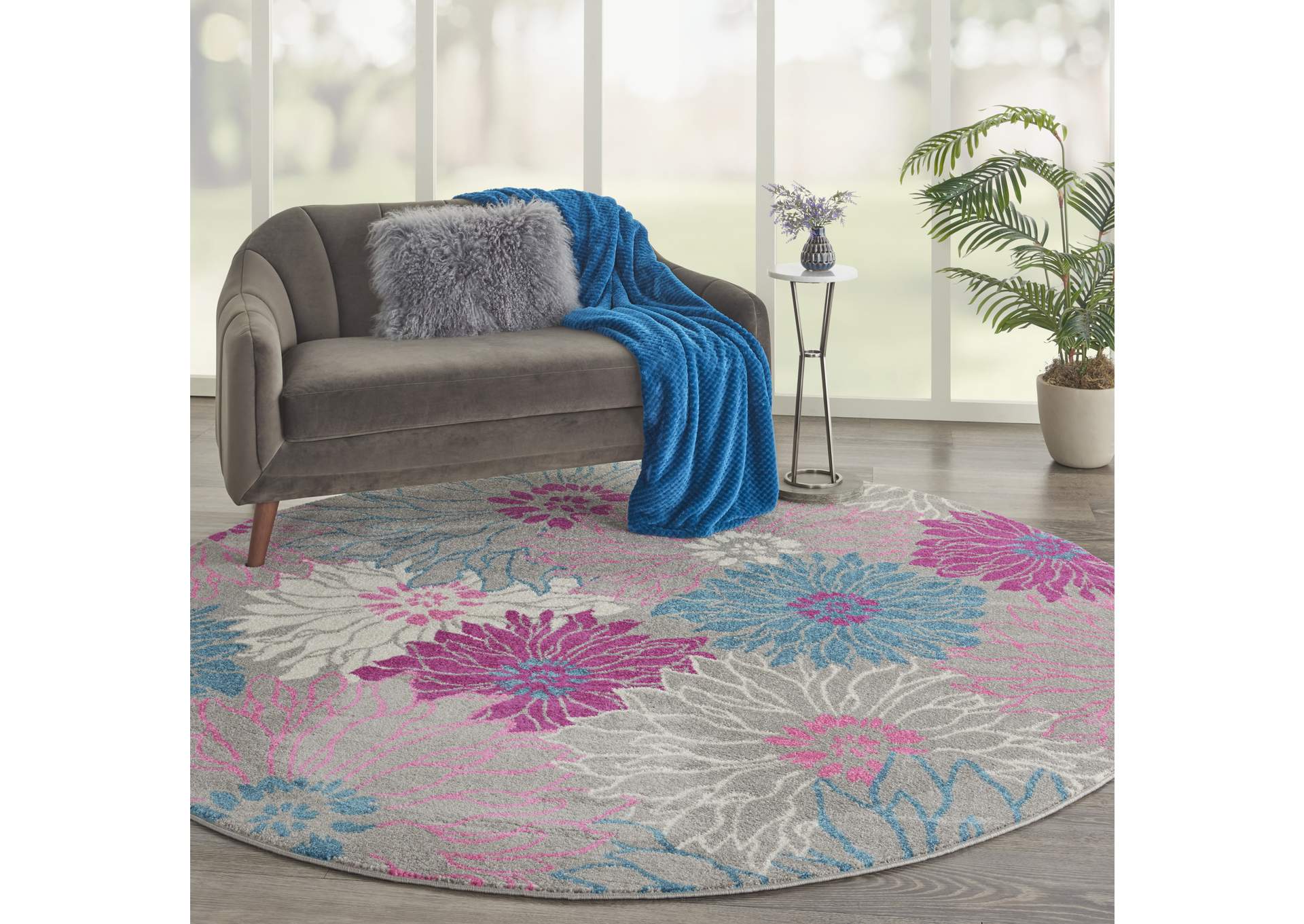 Nourison Passion PSN17 Pink and Grey 8' Round Floral Area Rug,Nourison