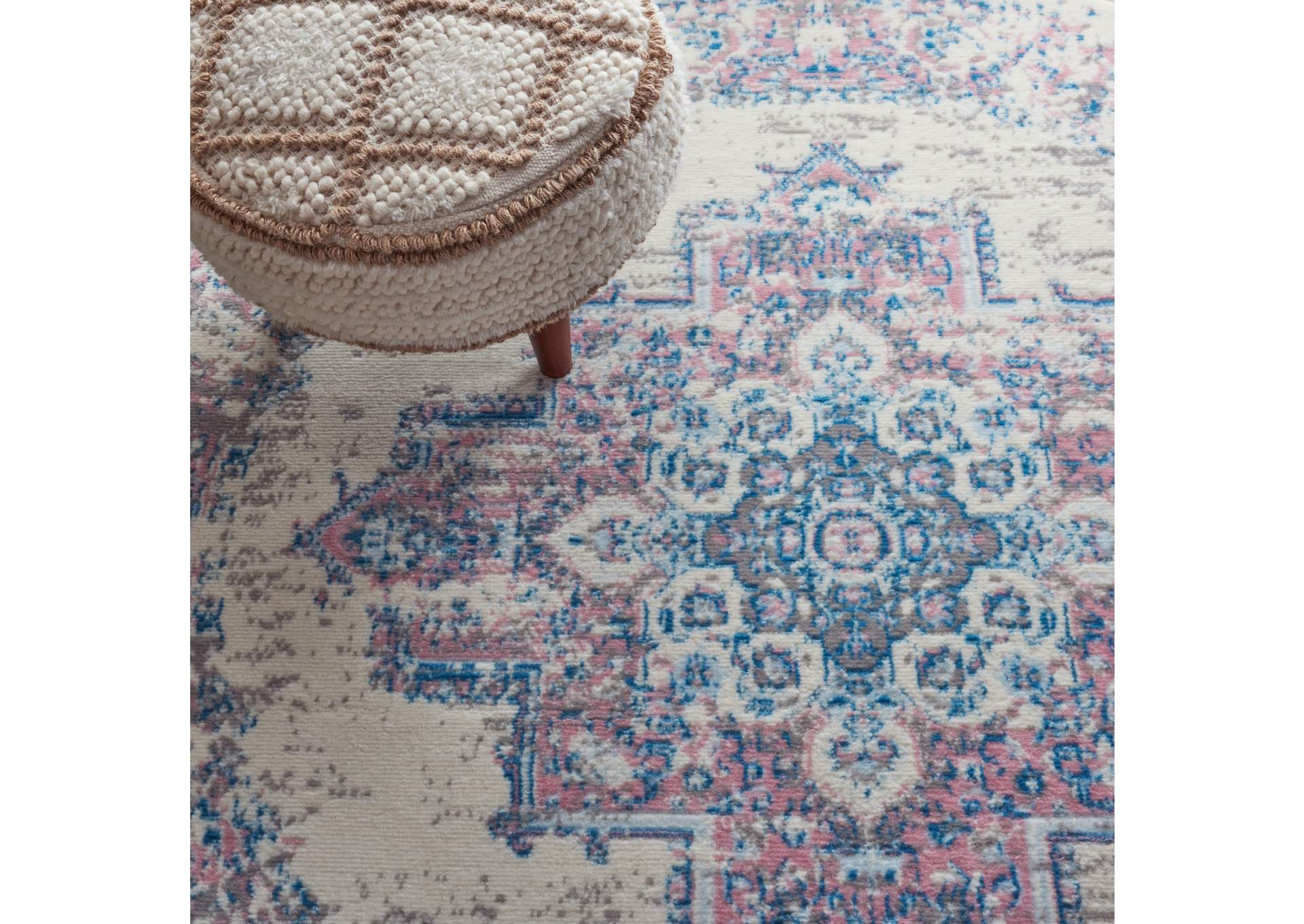 Nourison Grafix GRF14 White and Pink 5' Round Persian Area Rug,Nourison