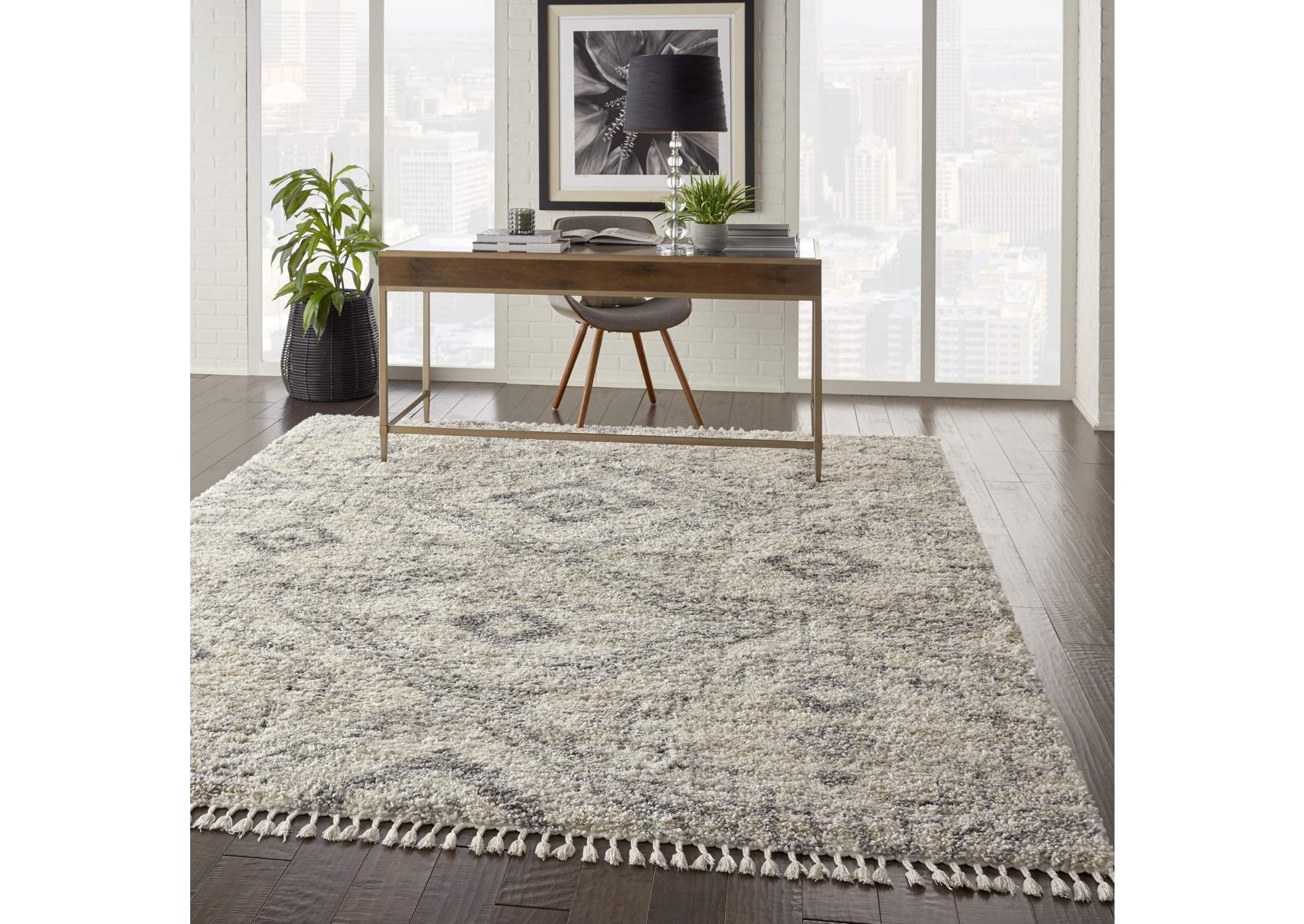 Nourison Oslo Shag OSL02 8'x11' Large Ivory and Grey Scandinavian Shag Rug,Nourison