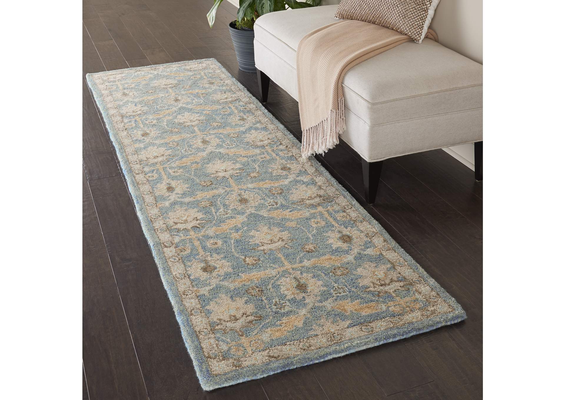 Nourison Jazmine JAZ02 Light Blue and Beige 8' Runner Wool Hallway Rug,Nourison