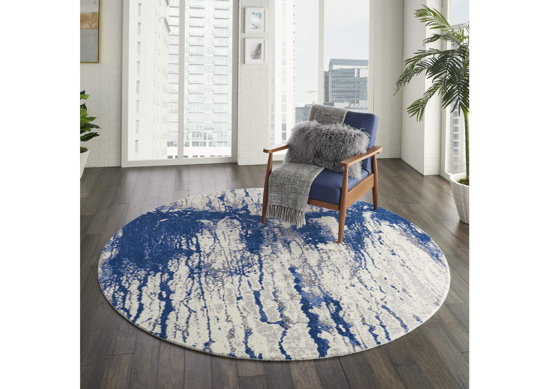 Nourison Twilight TWI29 Navy Blue and White 8' Round Large Rug,Nourison