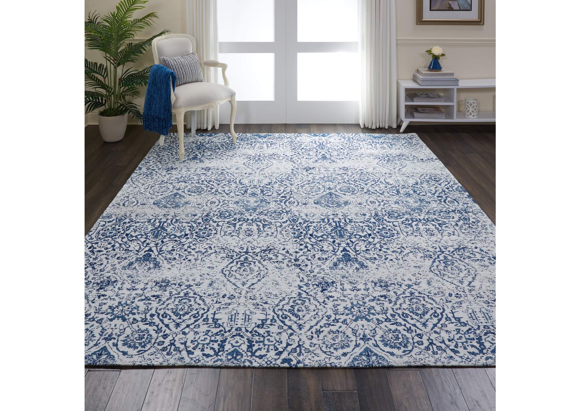 Nourison Damask DAS06 Dark Blue and White 9'x12' Oversized Flat Weave Rug,Nourison