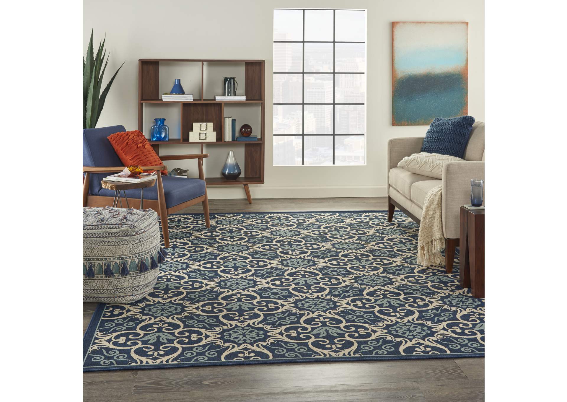 Nourison Caribbean CRB02 Navy Blue and White 9'x13' Oversized Rug,Nourison