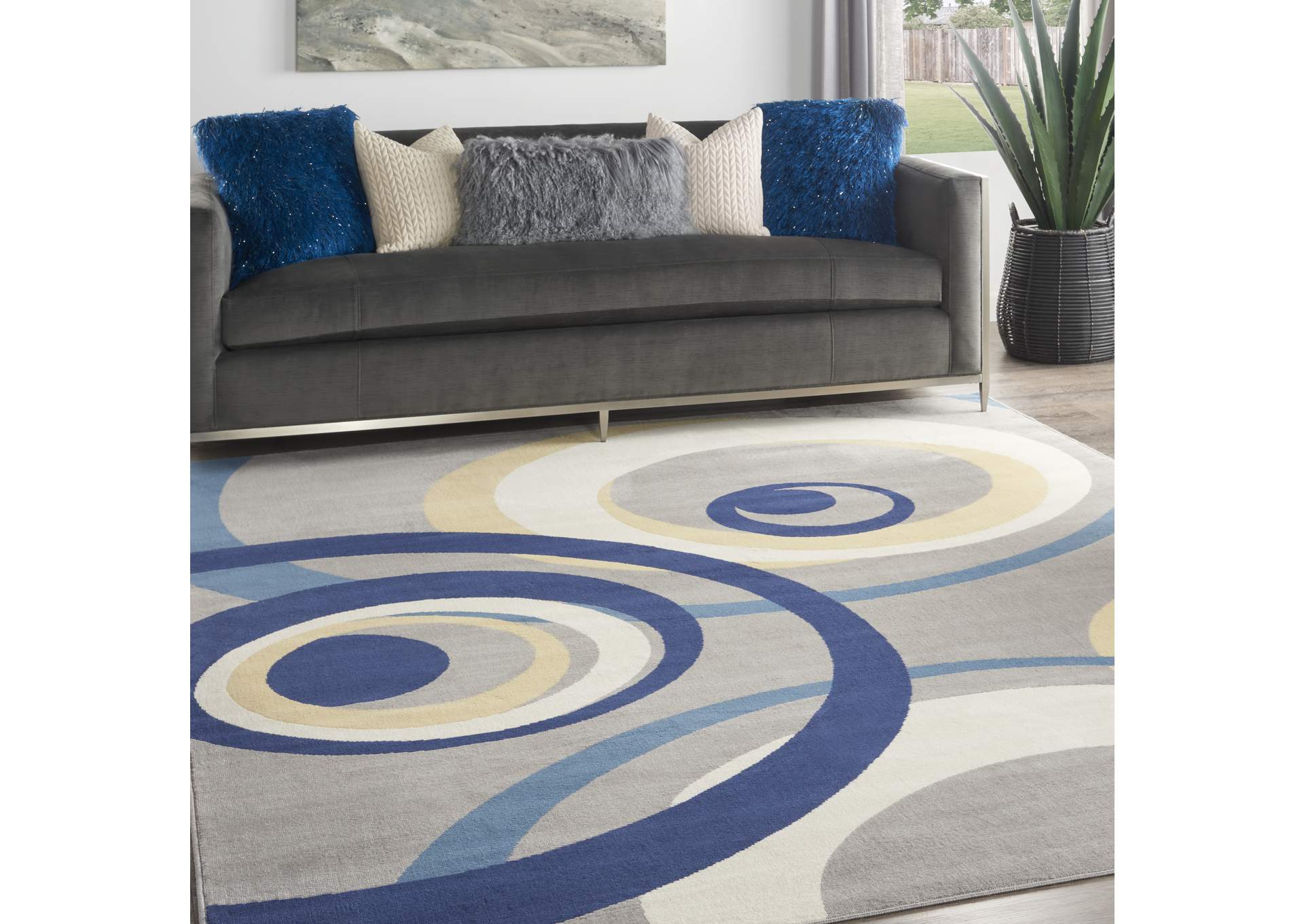 Nourison Grafix GRF21 Grey and Blue 8'x10' Large Rug,Nourison
