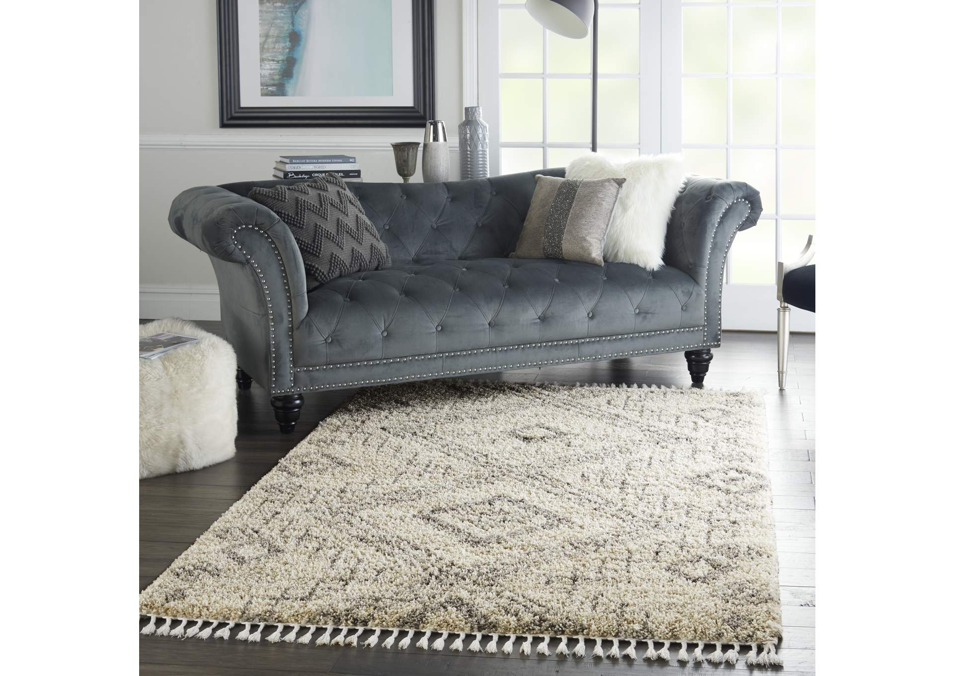 Nourison Oslo Shag OSL02 5'x8' Ivory and Grey Scandinavian Shag Rug,Nourison