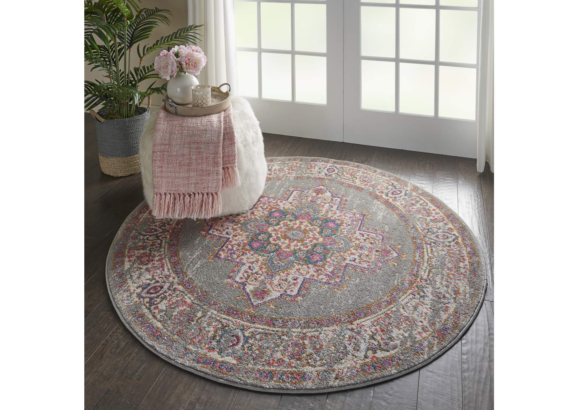 Nourison Passion PSN03 Grey 5' Round Vintage Area Rug,Nourison