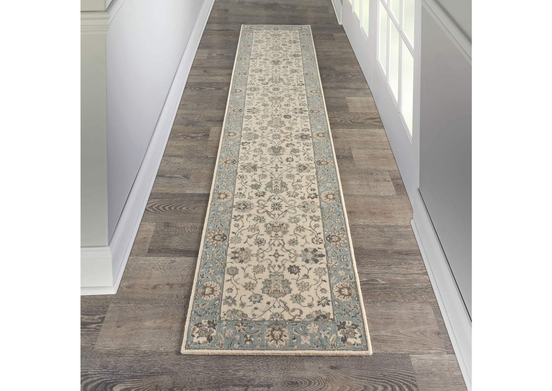 Nourison Living Treasures 12' Runner Ivory and Aqua Area Rug,Nourison