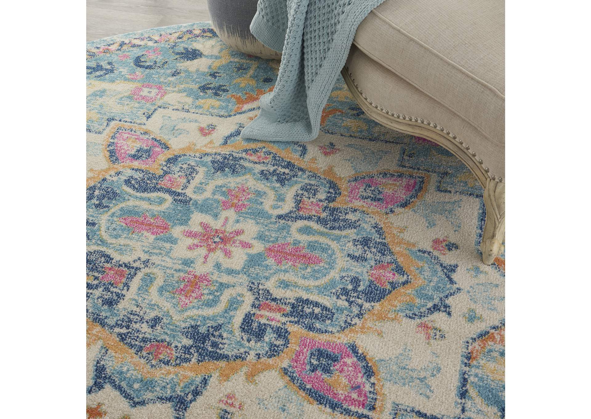 Nourison Passion 8' Round Ivory, Light Blue Bohemian Area Rug,Nourison