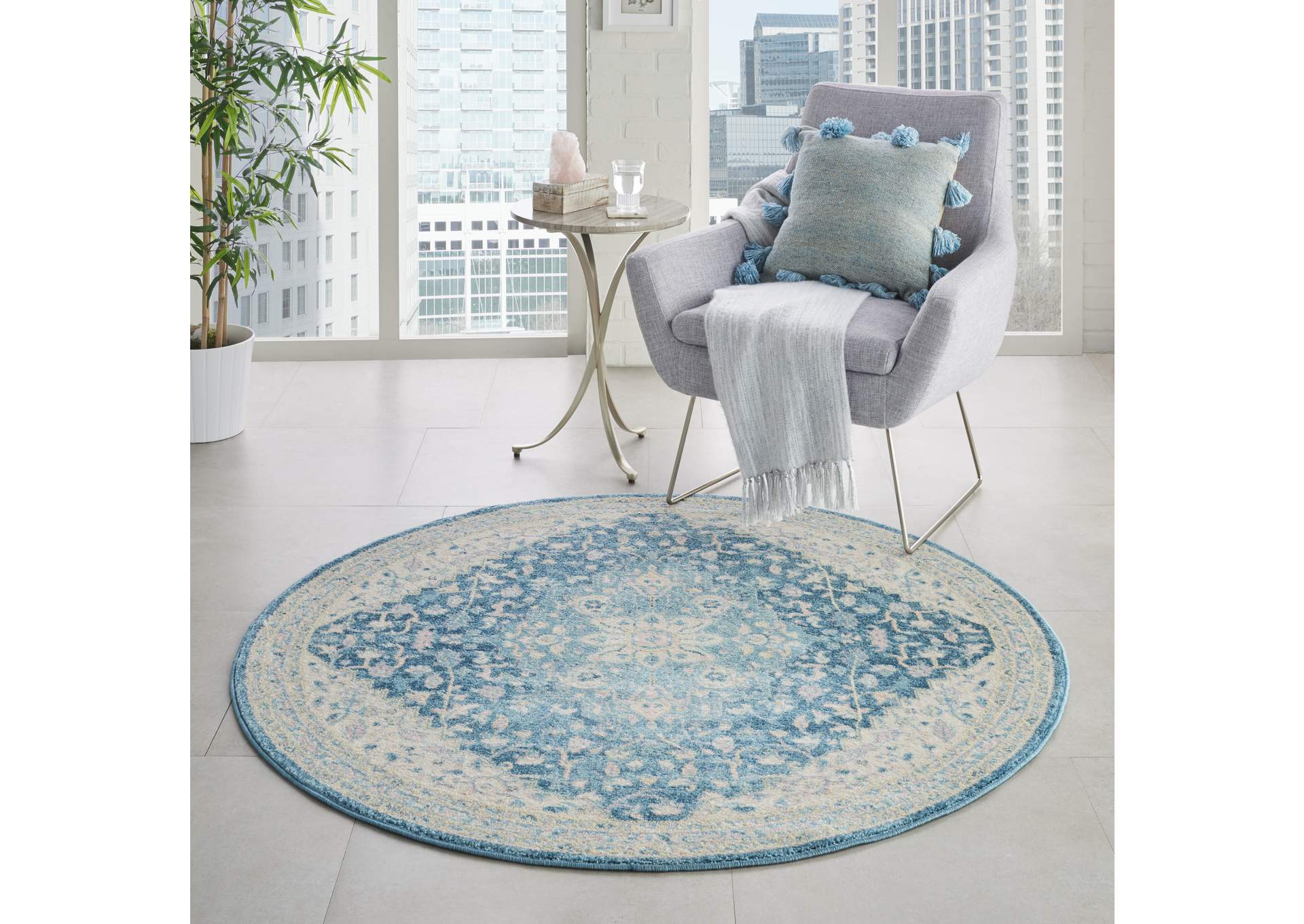 Nourison Tranquil TRA07 Turquoise Blue and White 5' Round Oushak Area Rug,Nourison