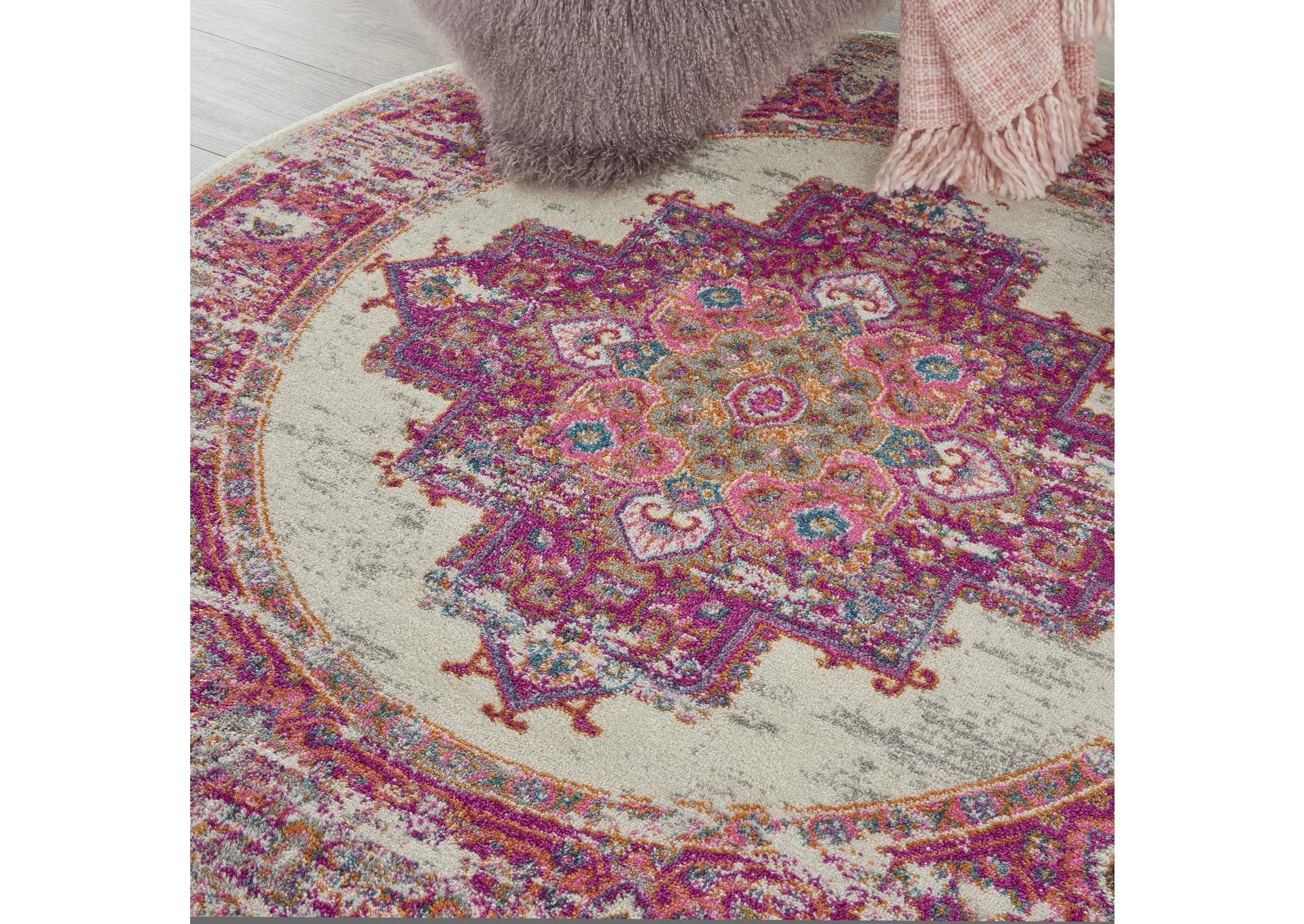 Nourison Passion PSN03 Pink and White 5' Round Vintage Area Rug,Nourison