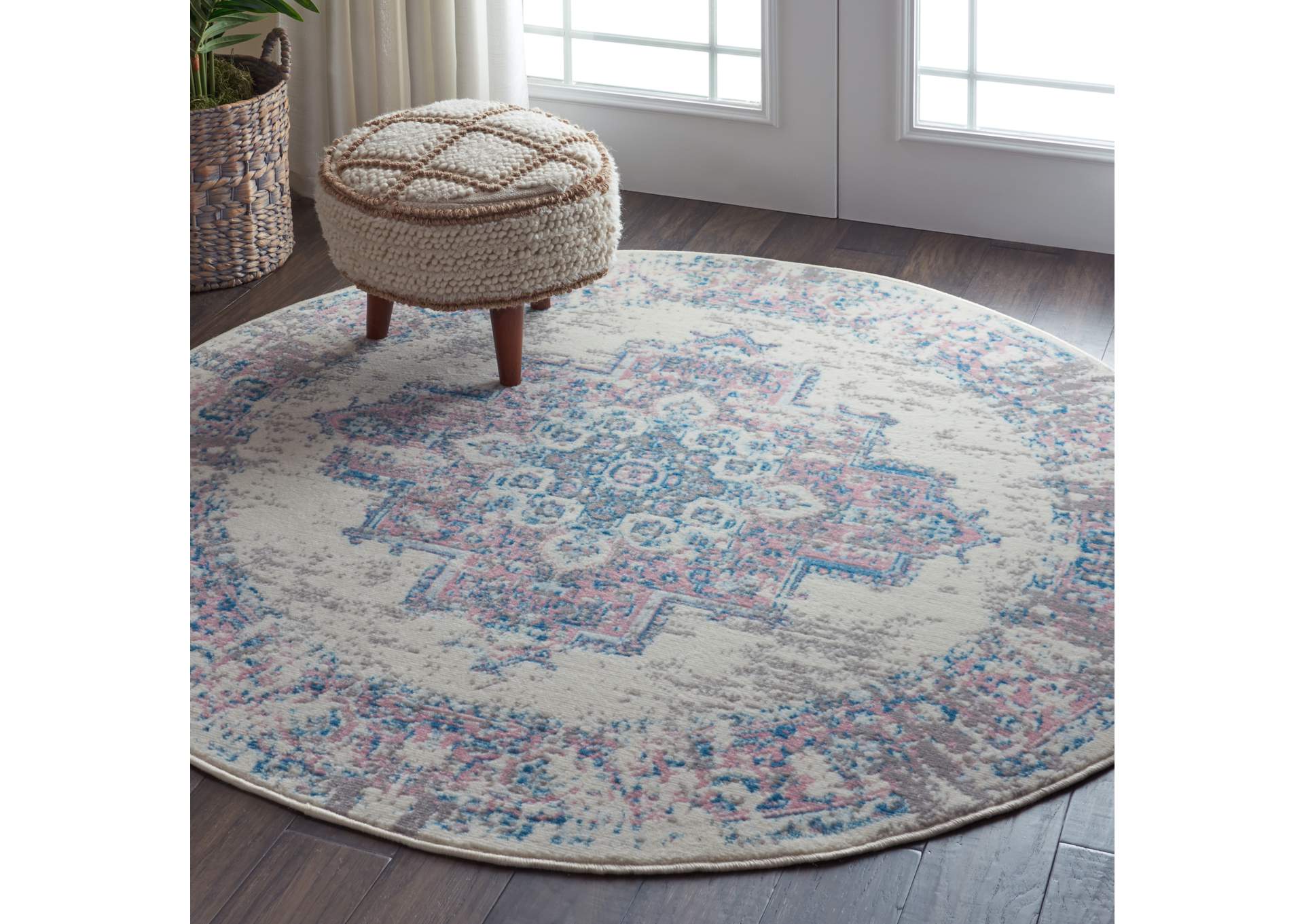 Nourison Grafix GRF14 White and Pink 5' Round Persian Area Rug,Nourison