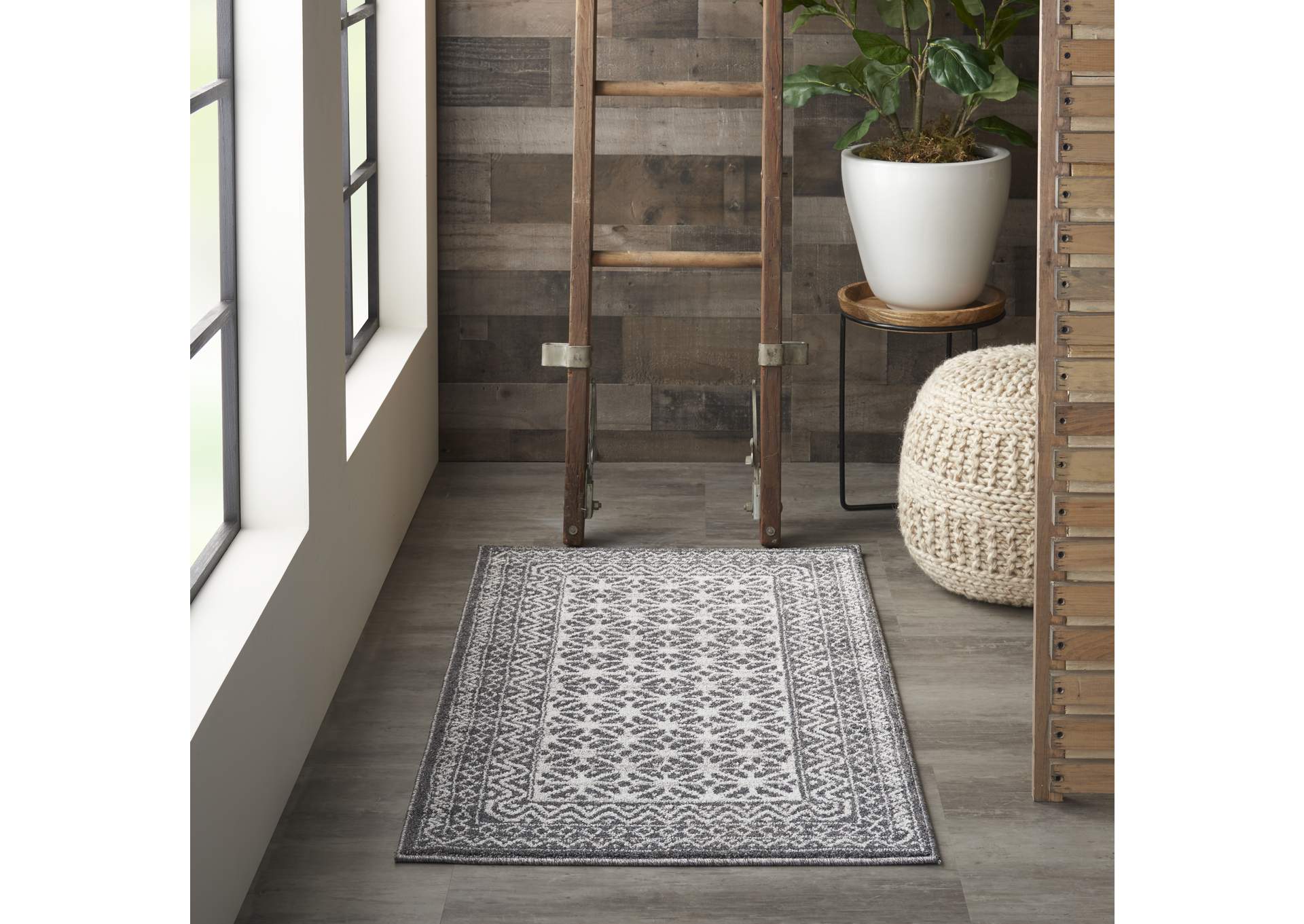 Nourison Palermo 2' x 4' Charcoal Grey and Silver Distressed Bohemian Area Rug,Nourison