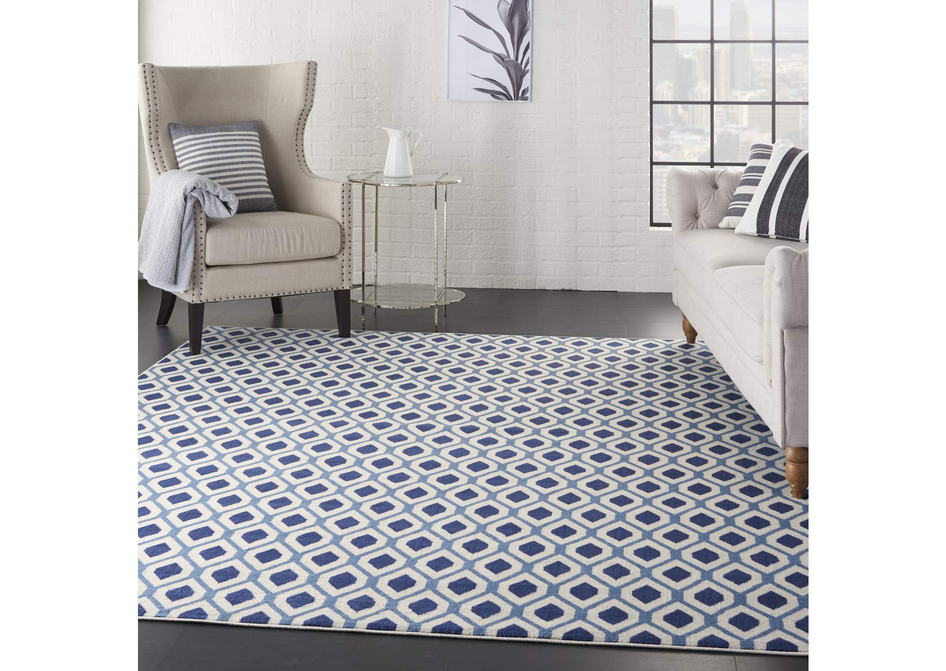Nourison Grafix GRF22 Blue and White 8'x10' Large Rug,Nourison