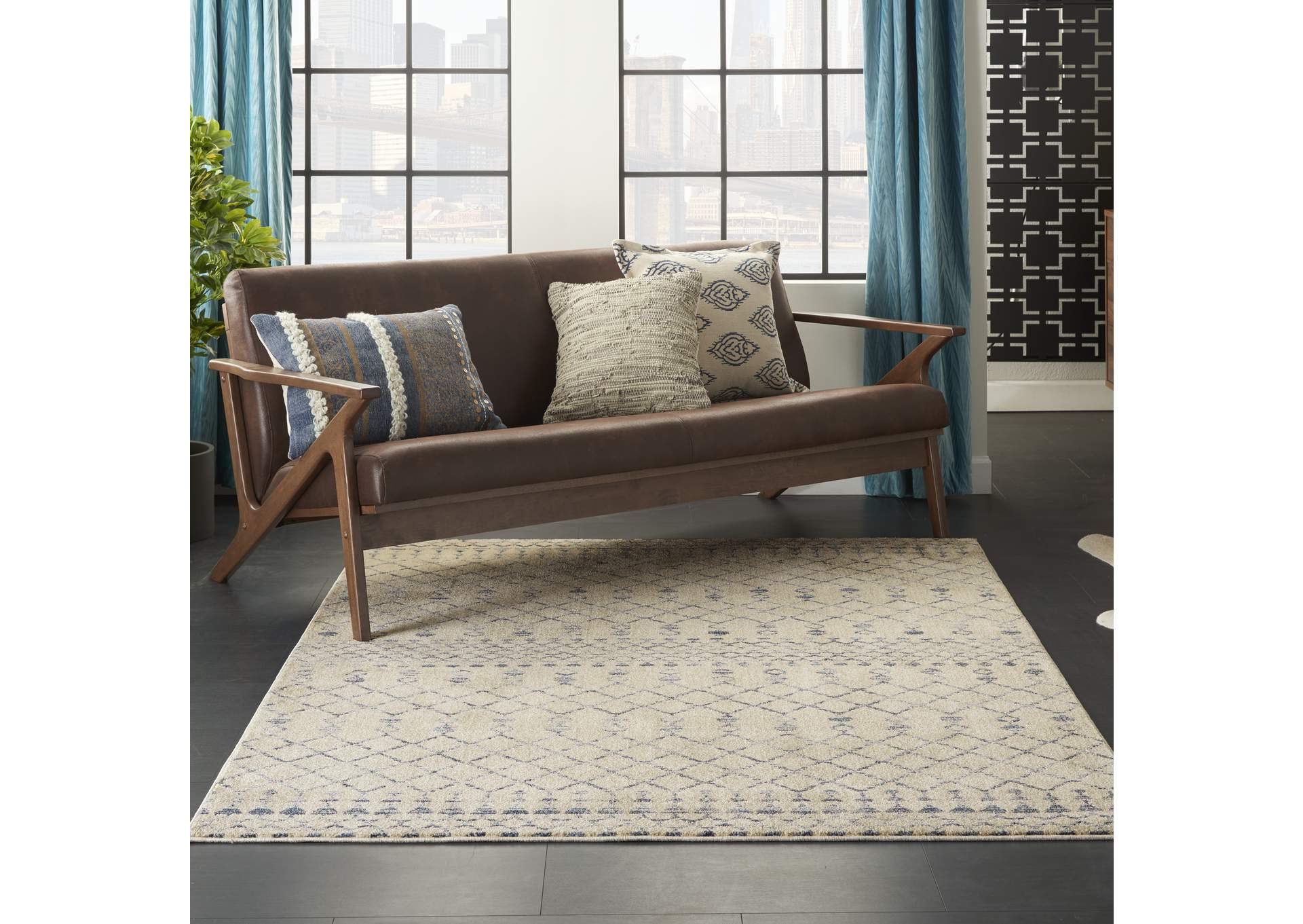 Nourison Palermo 5' x 7' Beige and Blue Distressed Bohemian Area Rug,Nourison