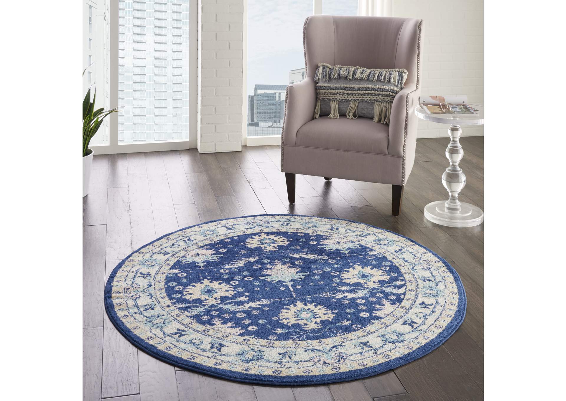Nourison Tranquil TRA10 Navy Blue 5' Round Bordered Oriental Area Rug,Nourison