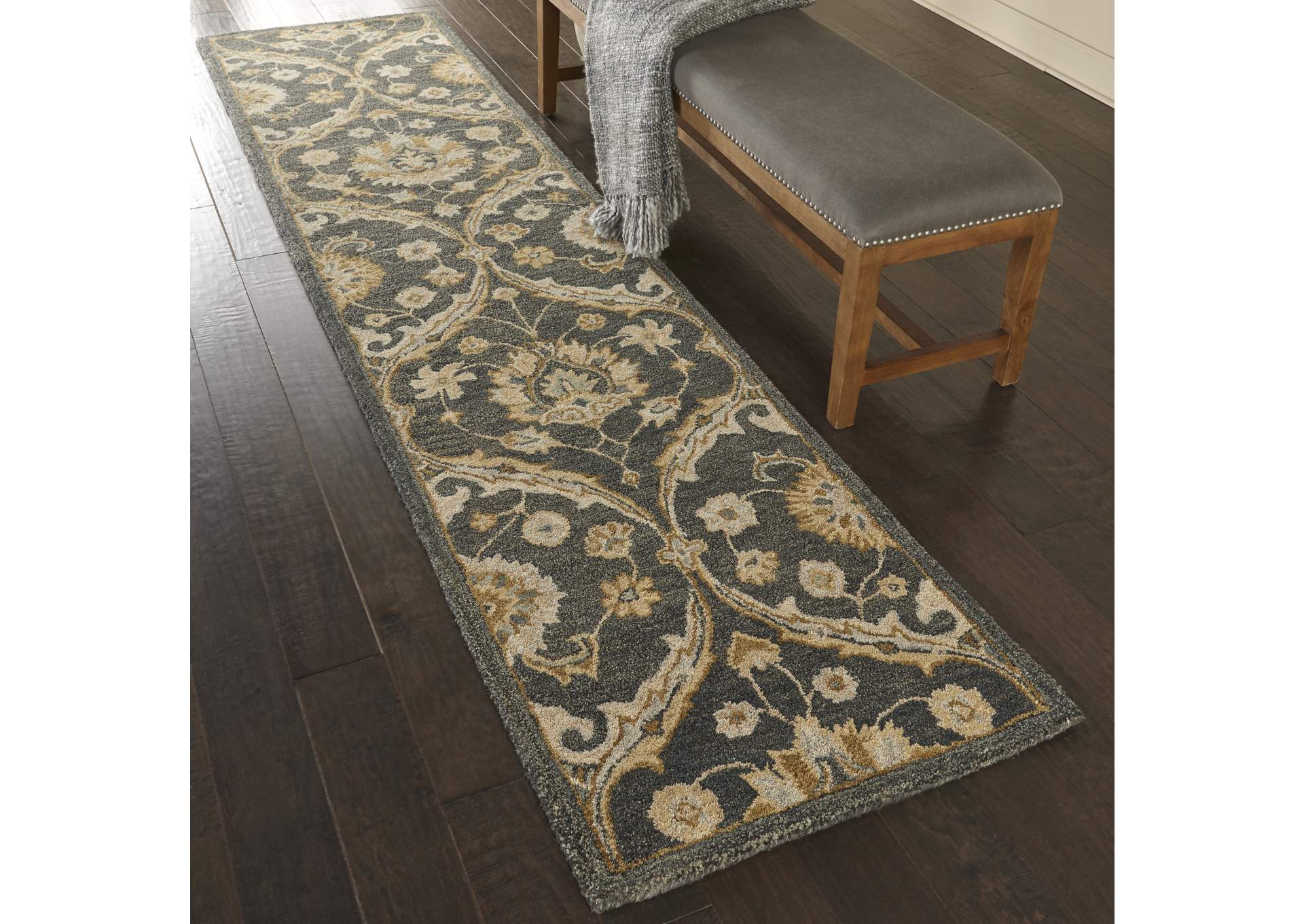 Nourison Jazmine JAZ03 Dark Blue and Gold 10' Runner Wool Hallway Rug,Nourison