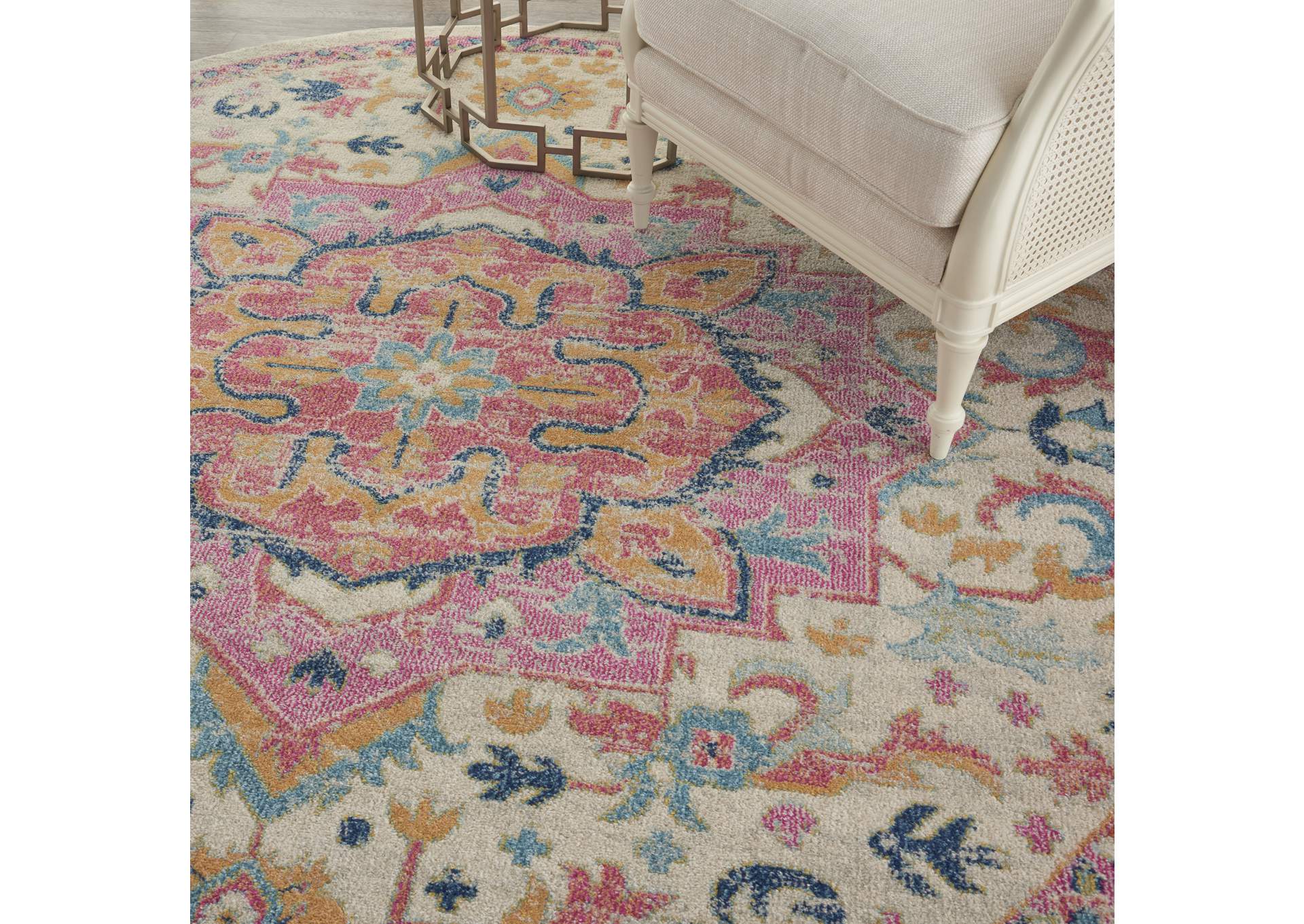 Nourison Passion 8' Round Ivory, Pink Bohemian Area Rug,Nourison