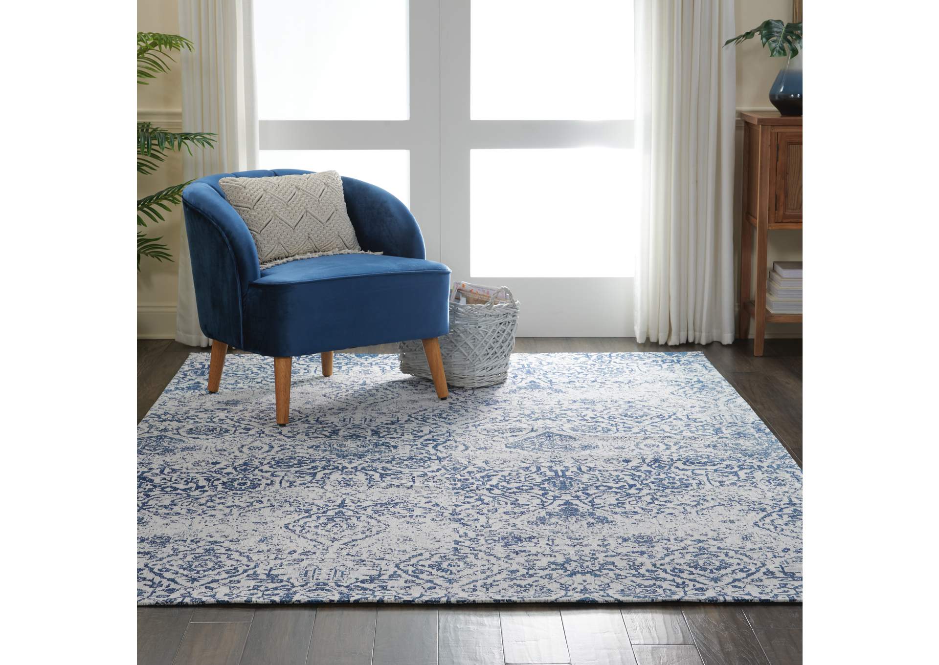 Nourison Damask DAS06 Dark Blue and White 6'x9' Vintage Area Rug,Nourison