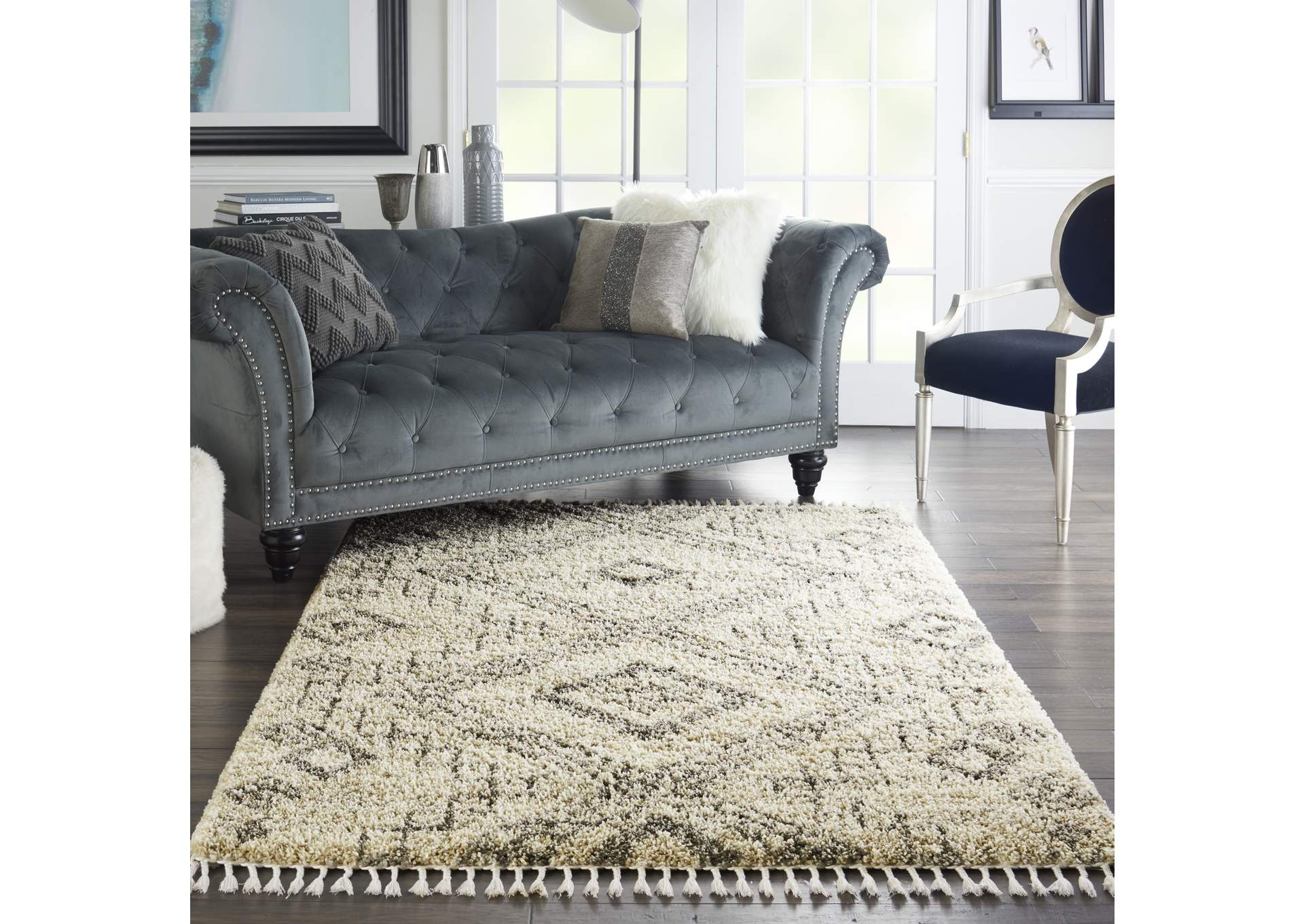 Nourison Oslo Shag OSL02 4'x6' Ivory and Grey Scandinavian Shag Rug,Nourison