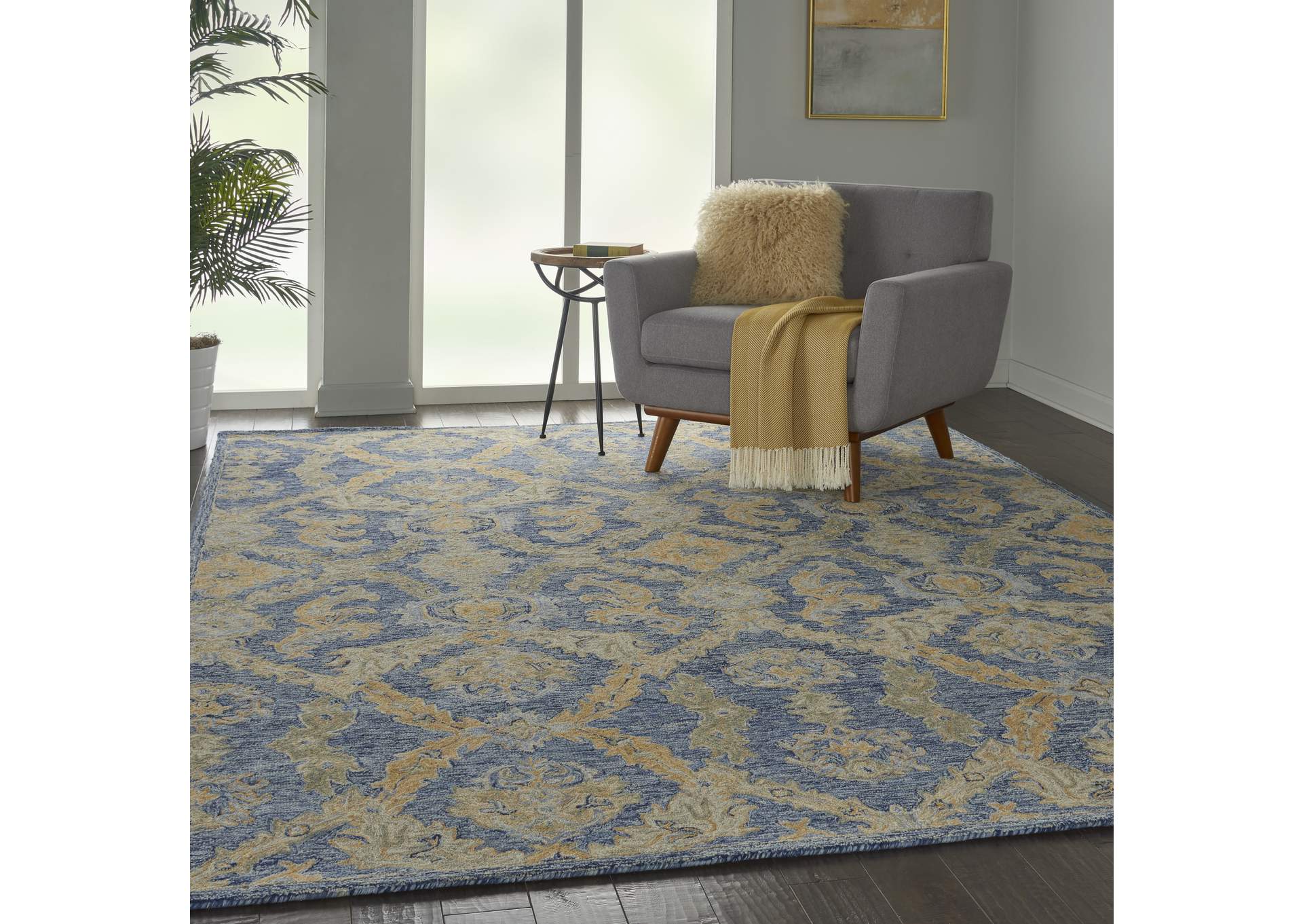 Nourison Azura AZM03 Navy and Gold 8'x11' Pure Wool Handcrafted Rug,Nourison