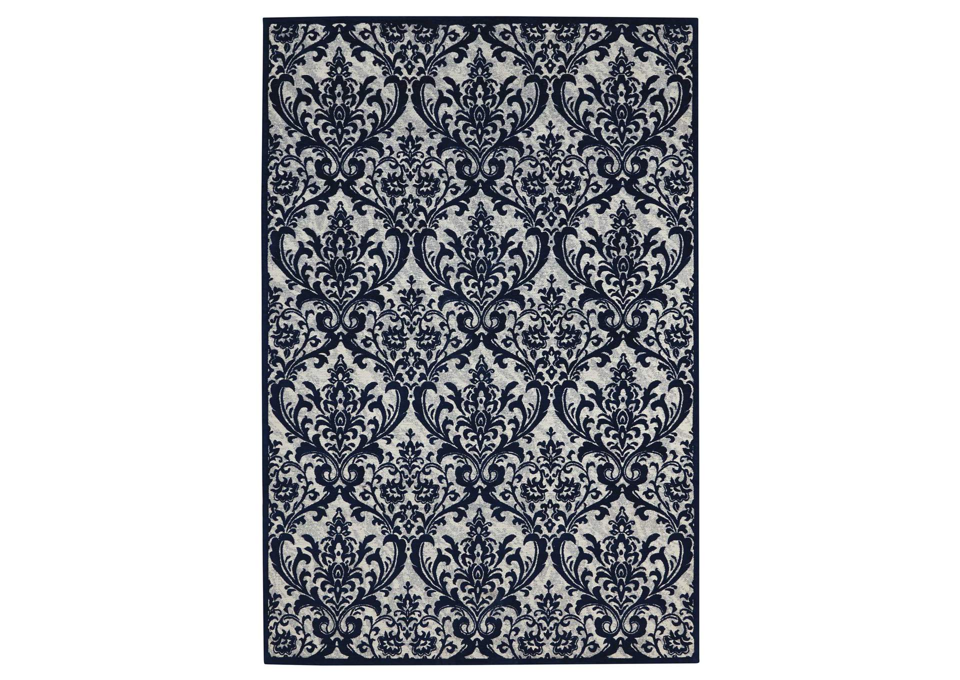 Nourison Damask DAS02 Dark Blue and White 5'x7' Vintage Area Rug,Nourison
