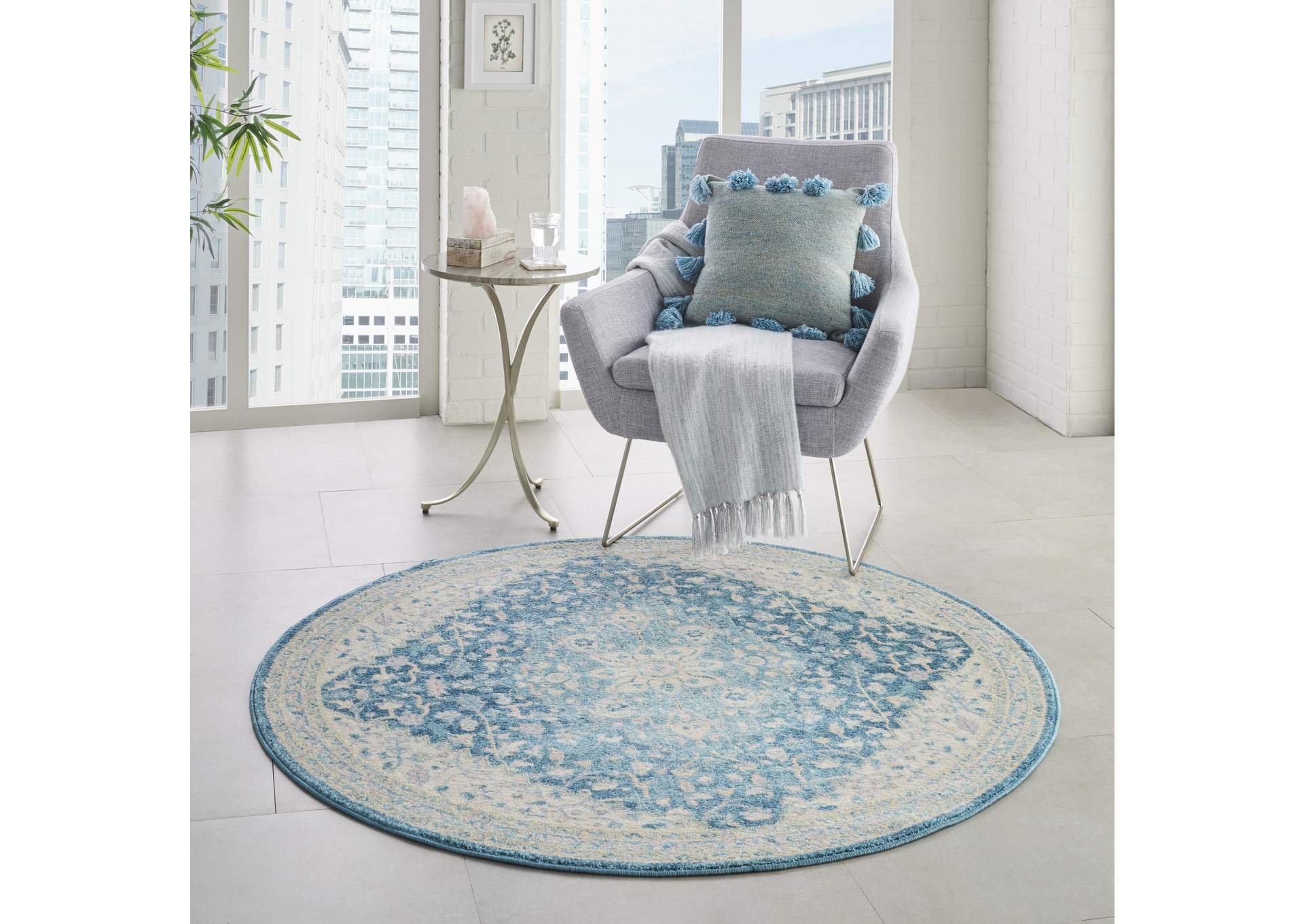 Nourison Tranquil TRA07 Turquoise Blue and White 5' Round Oushak Area Rug,Nourison