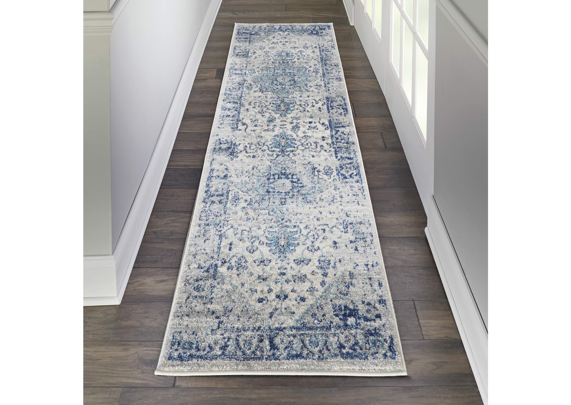 Nourison Tranquil TRA06 Navy Blue and White 7' Runner Hallway Rug,Nourison