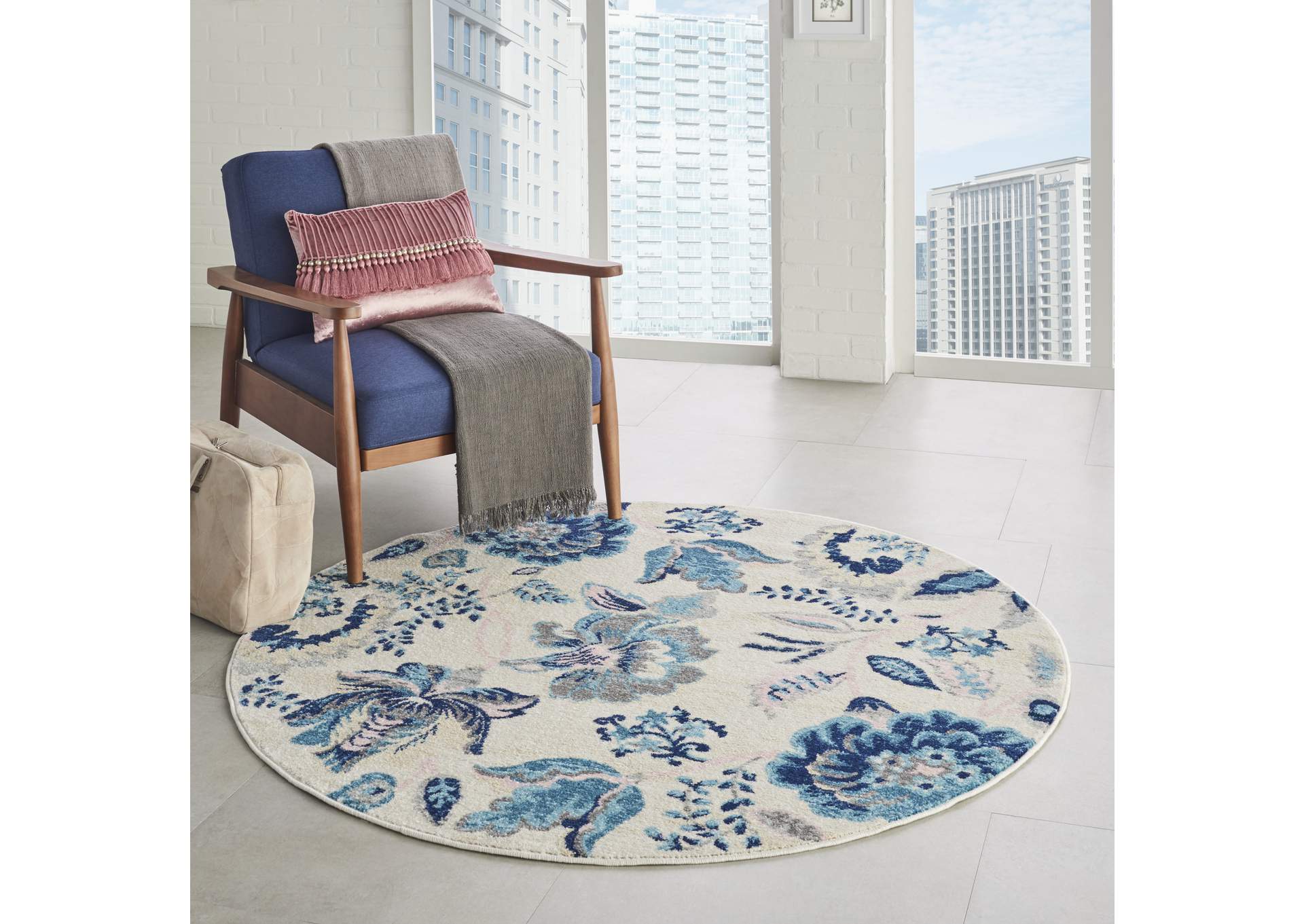Nourison Tranquil TRA02 Blue and White 5' Round French Country Area Rug,Nourison