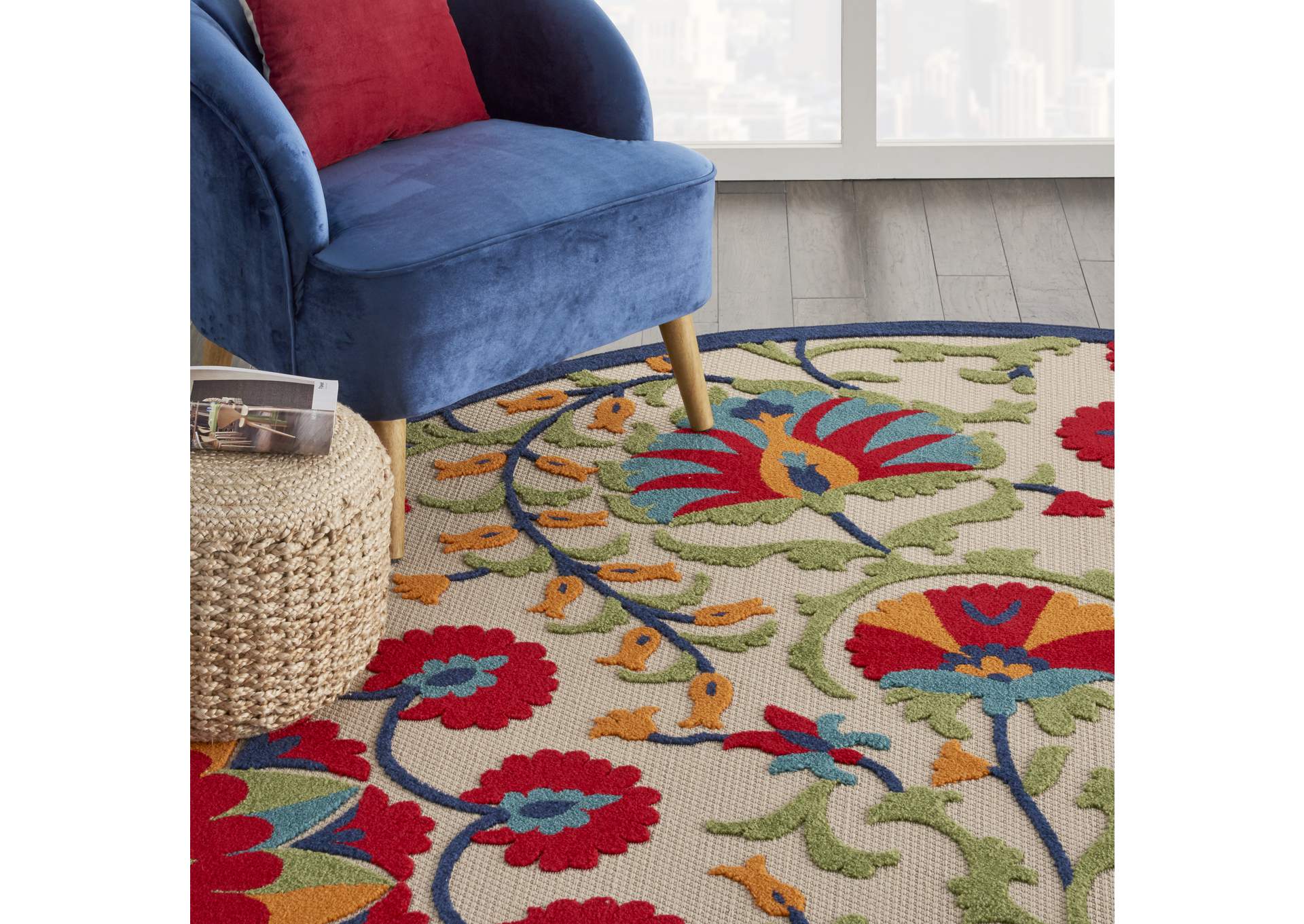 Nourison Aloha ALH20 8' Round Red Multicolor Easy-care Indoor-outdoor Rug,Nourison