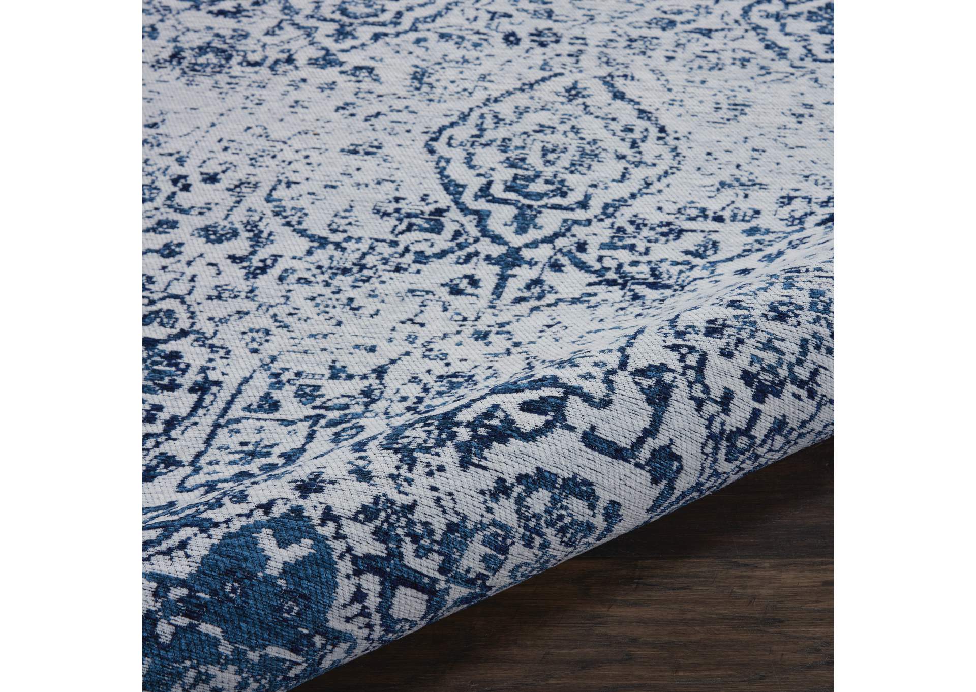 Nourison Damask DAS06 Dark Blue and White 9'x12' Oversized Flat Weave Rug,Nourison