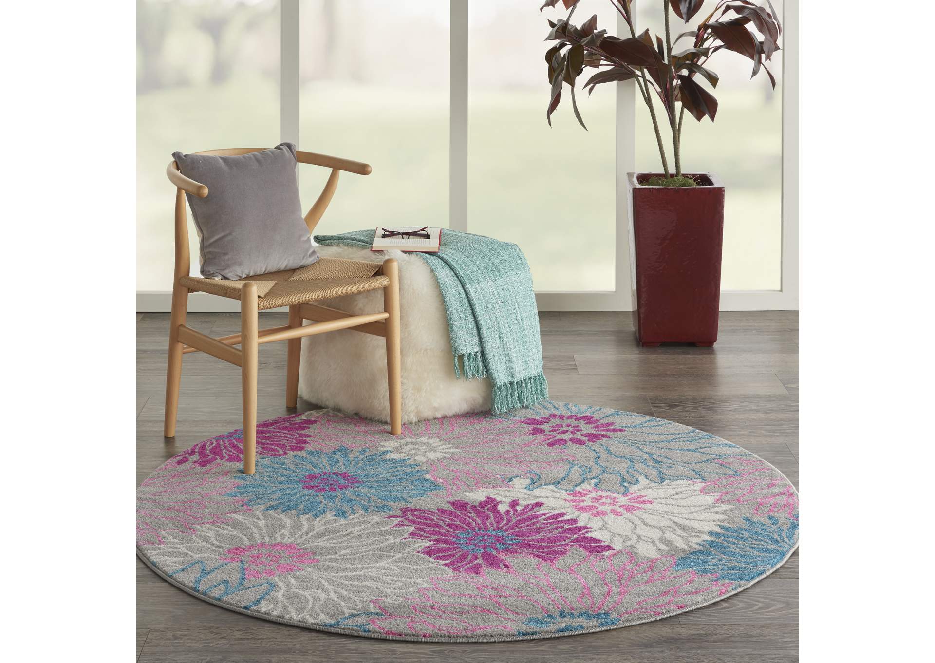Nourison Passion PSN17 Pink and Grey 5' Round Floral Area Rug,Nourison