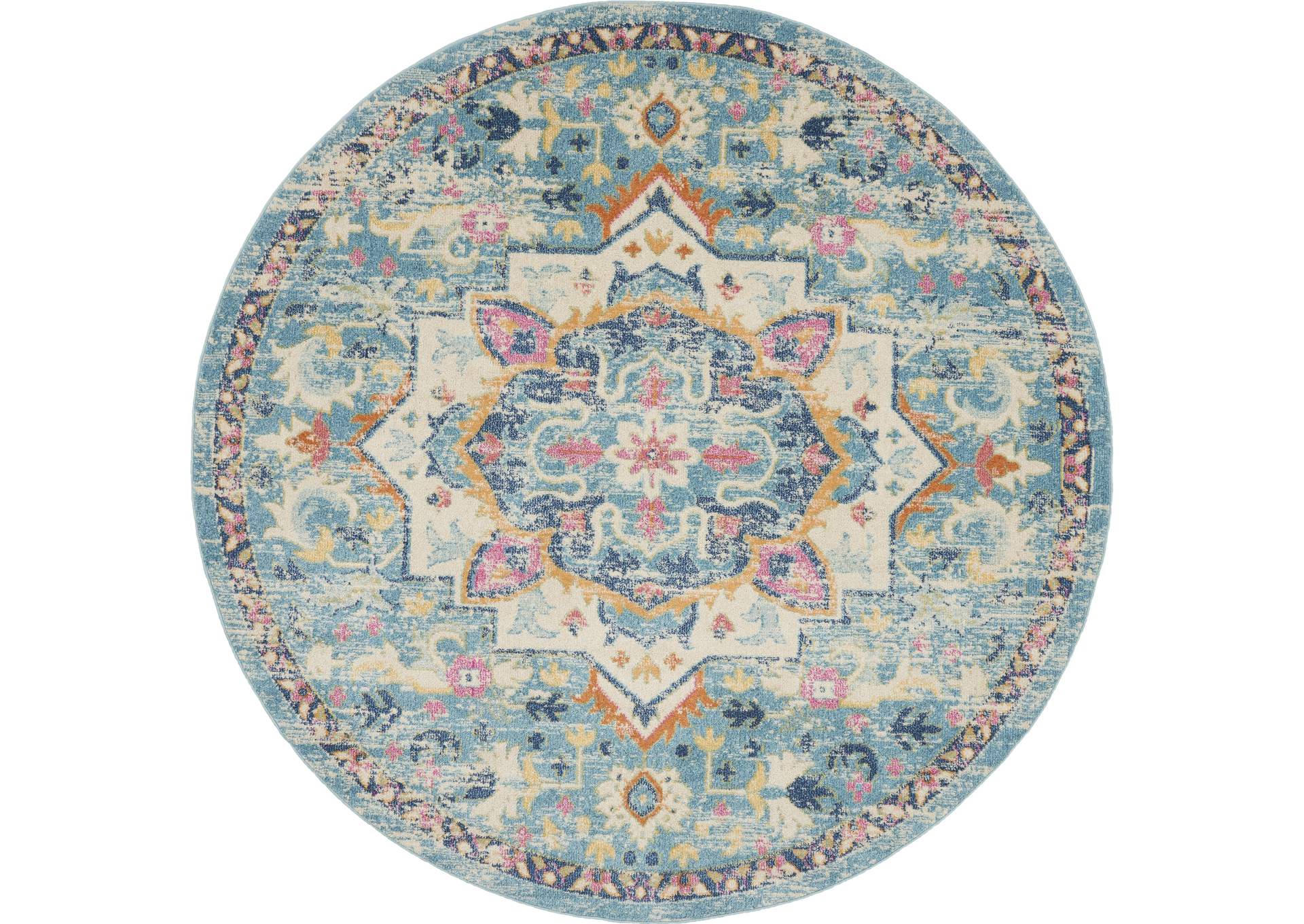 Nourison Passion 8' Round Ivory, Light Blue Bohemian Area Rug,Nourison
