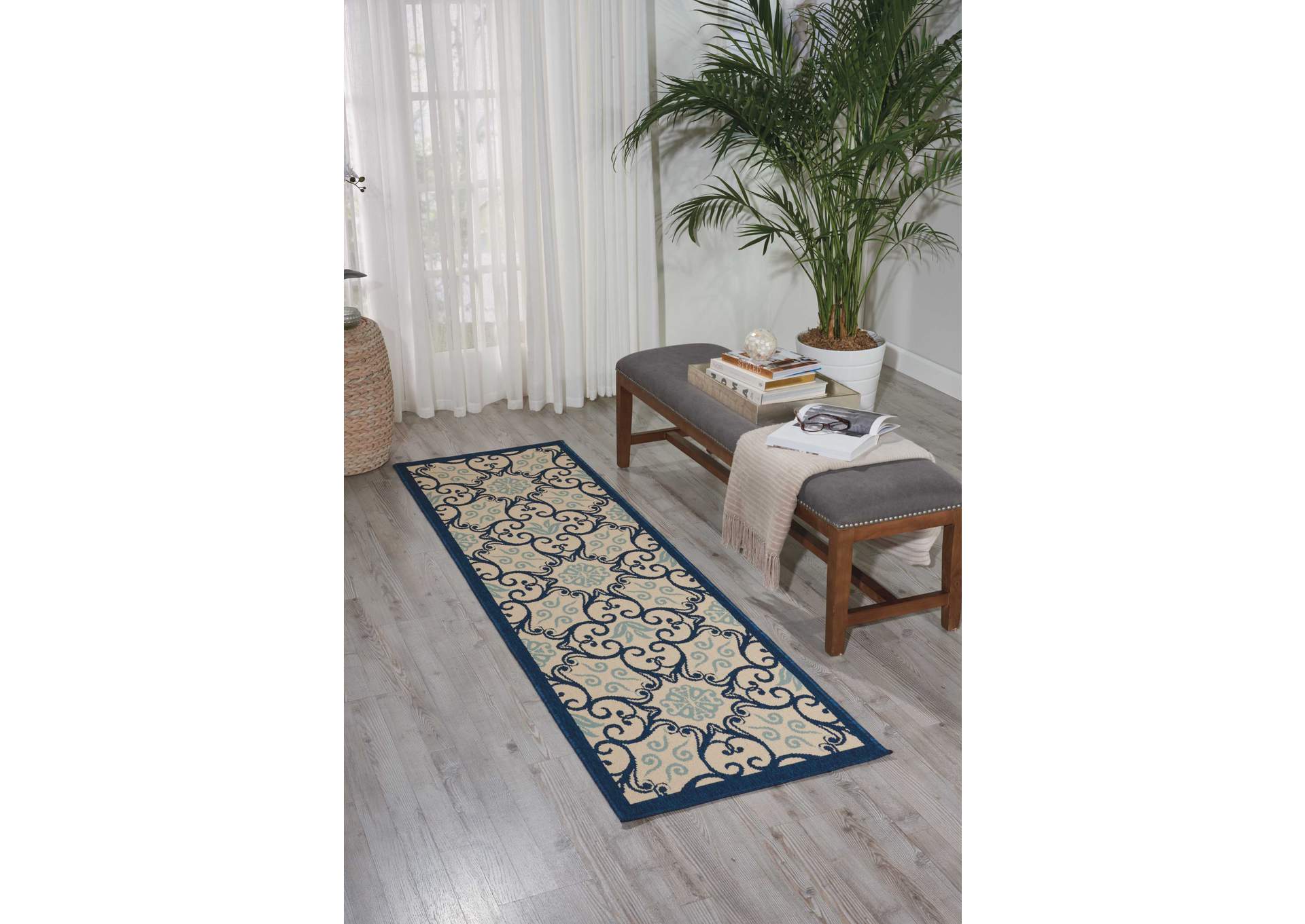 Nourison Caribbean CRB02 Dark Blue and White 8' Runner Hallway Rug,Nourison