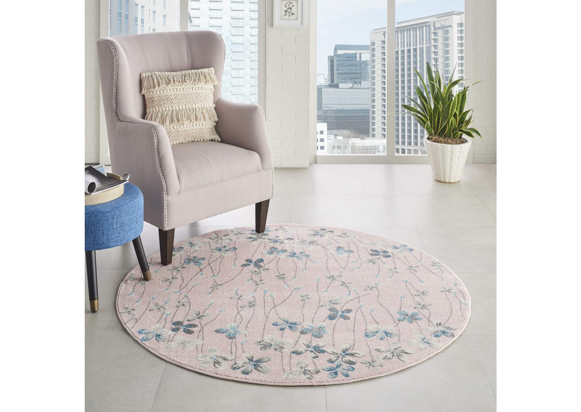 Nourison Tranquil TRA04 Pink 5' Round Floral Area Rug,Nourison