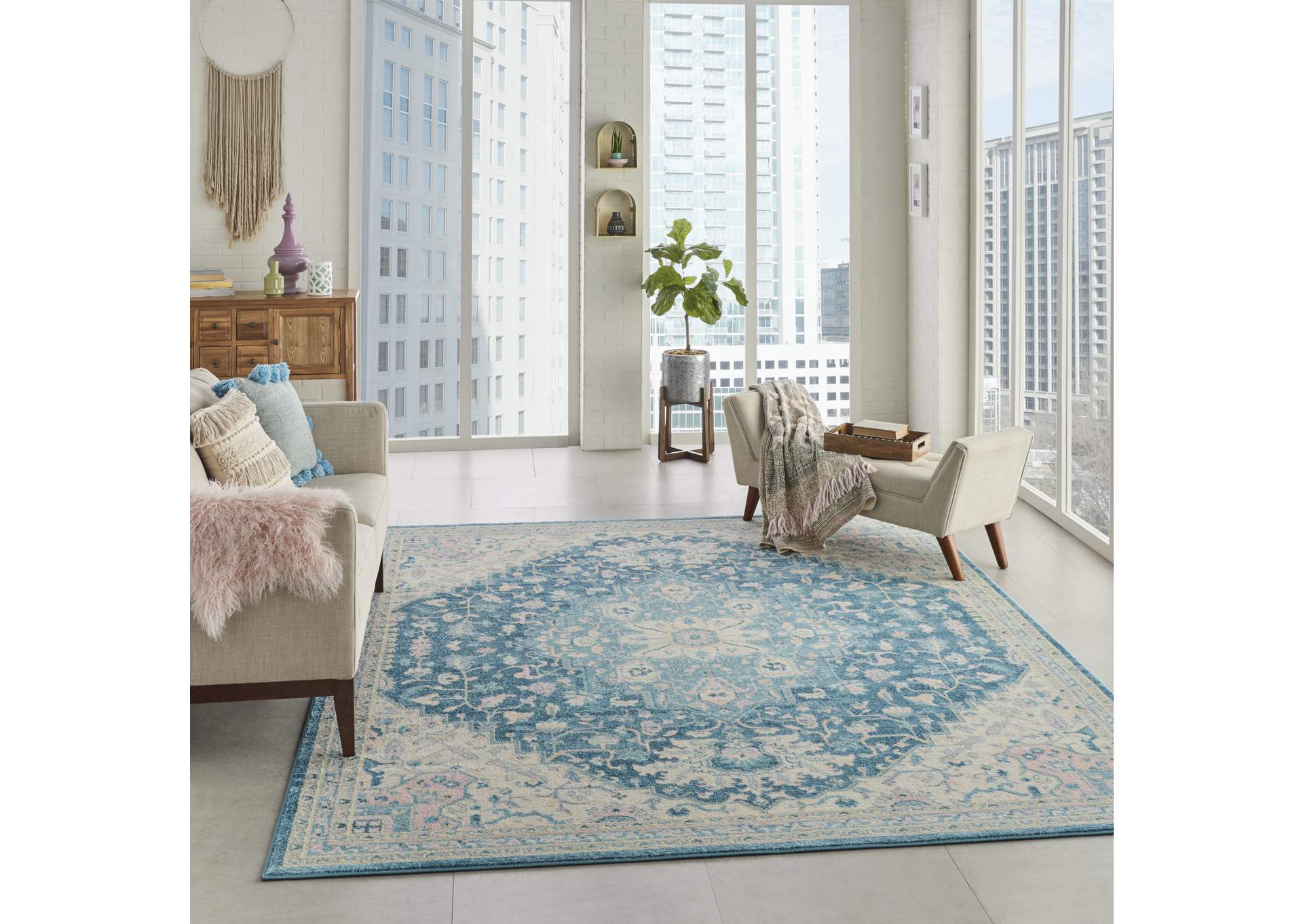 Nourison Tranquil TRA07 Turquoise Blue and White 8'x10' Large Rug,Nourison