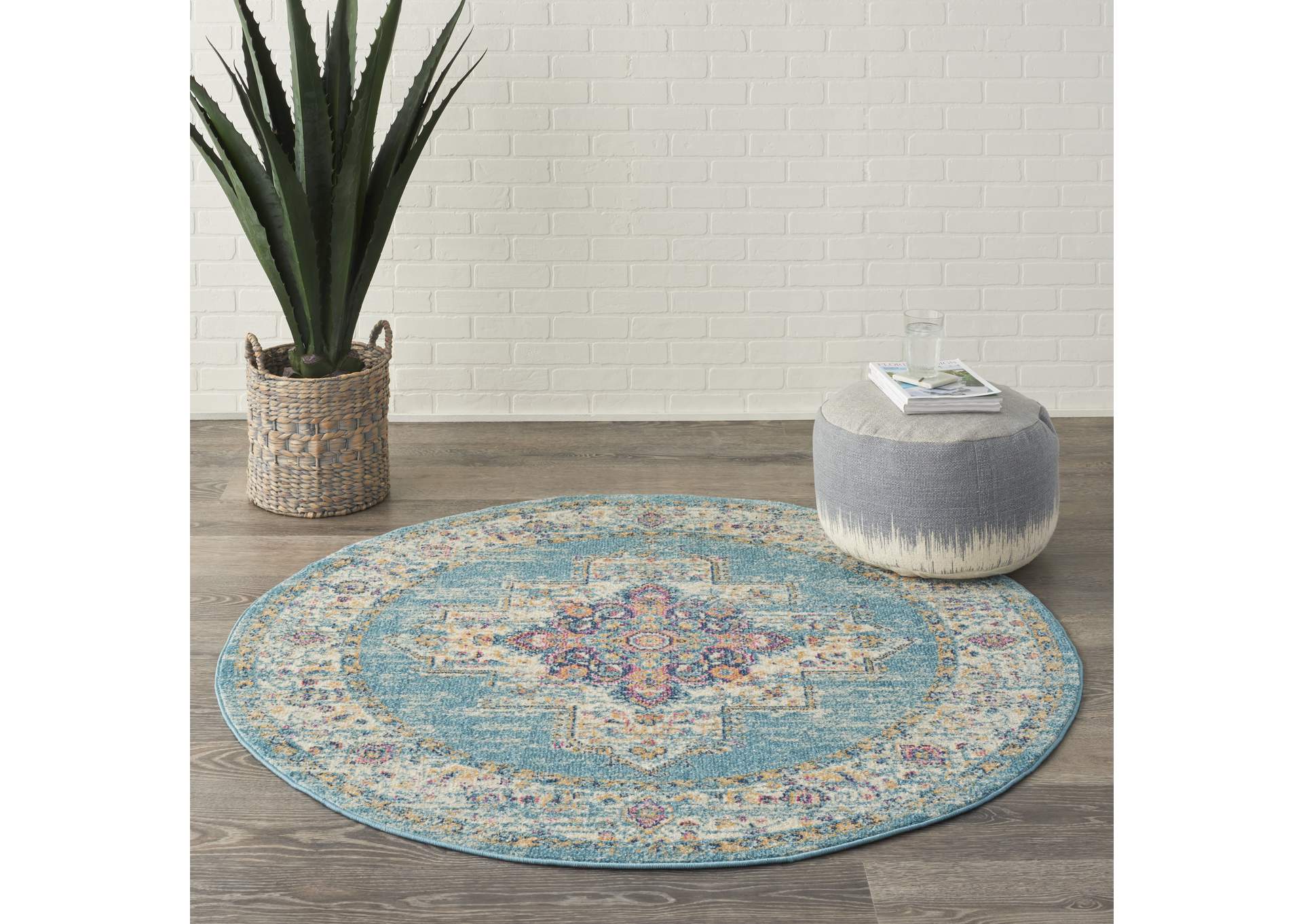 Nourison Passion 4' Round Ivory Light Blue Area Rug,Nourison