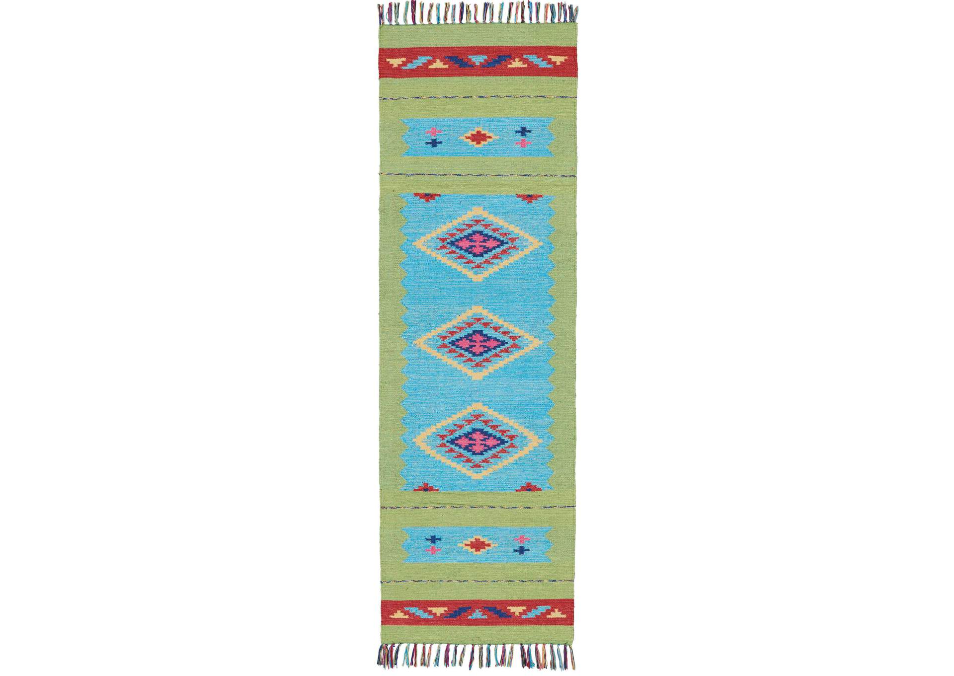 Nourison Baja BAJ02 Blue and Green 8' Runner Flat Weave Hallway Rug,Nourison