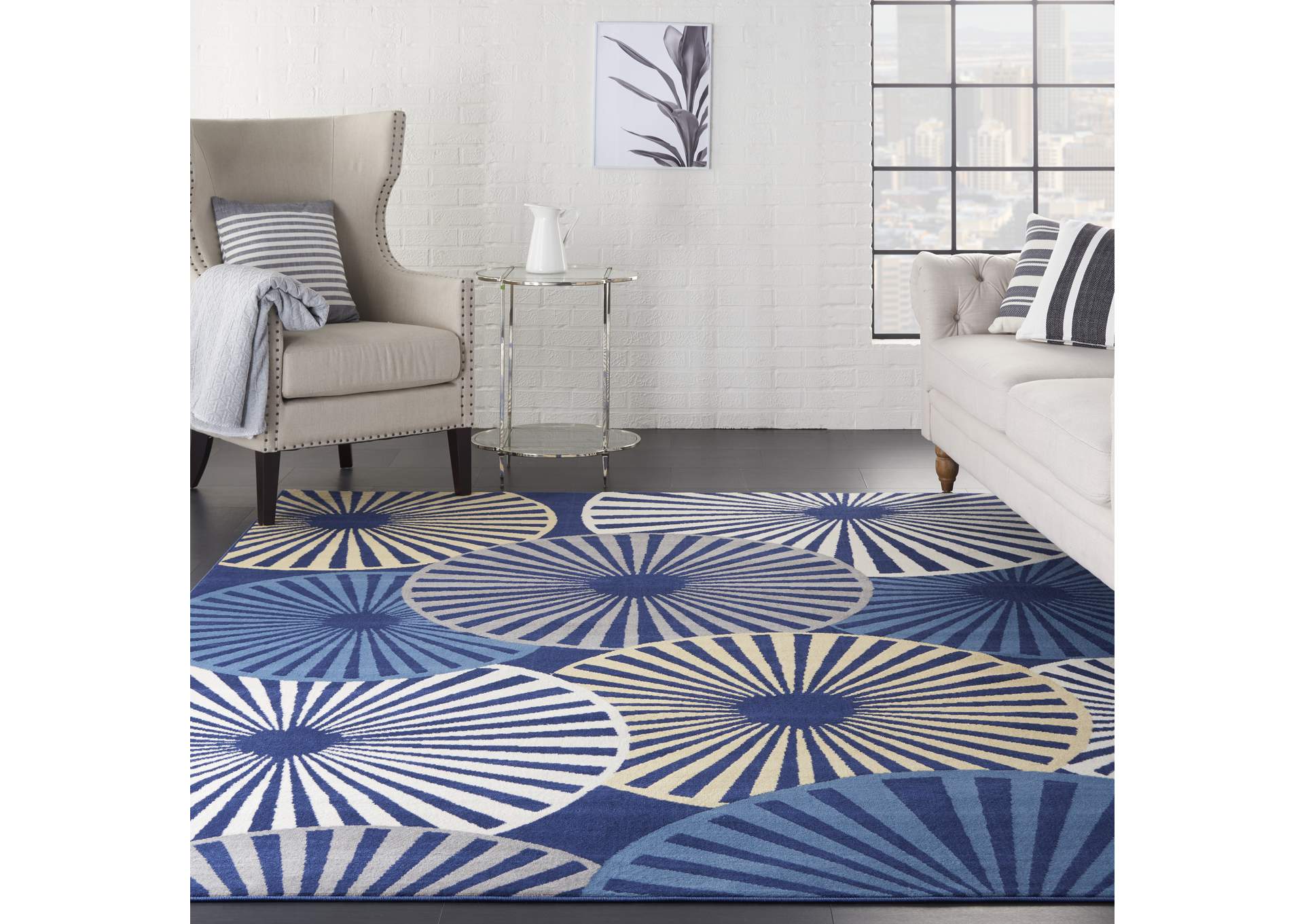 Nourison Grafix GRF20 Navy and Cream White 8'x10' Large Rug,Nourison
