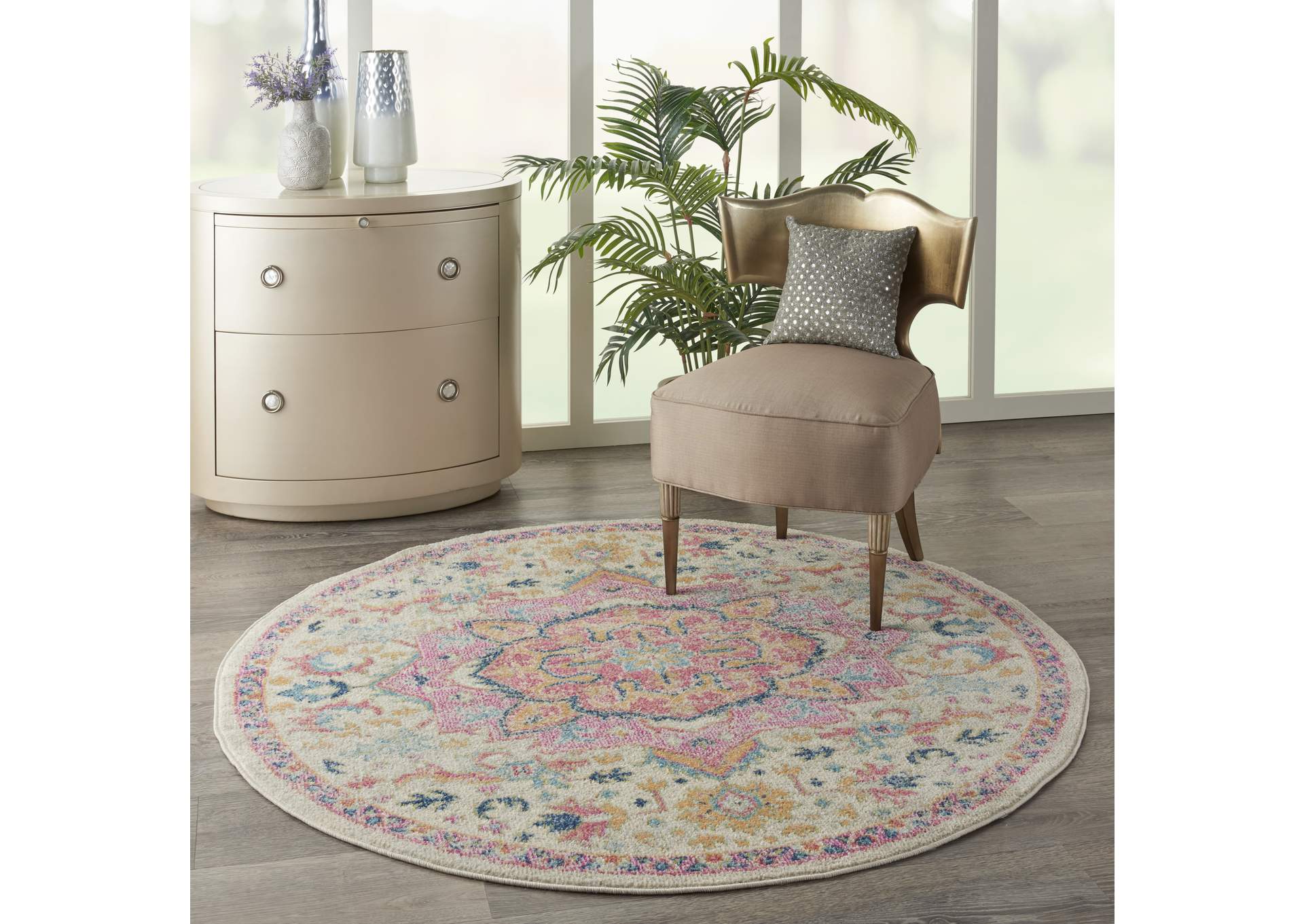 Nourison Passion 4' Round Ivory, Pink Bohemian Area Rug,Nourison