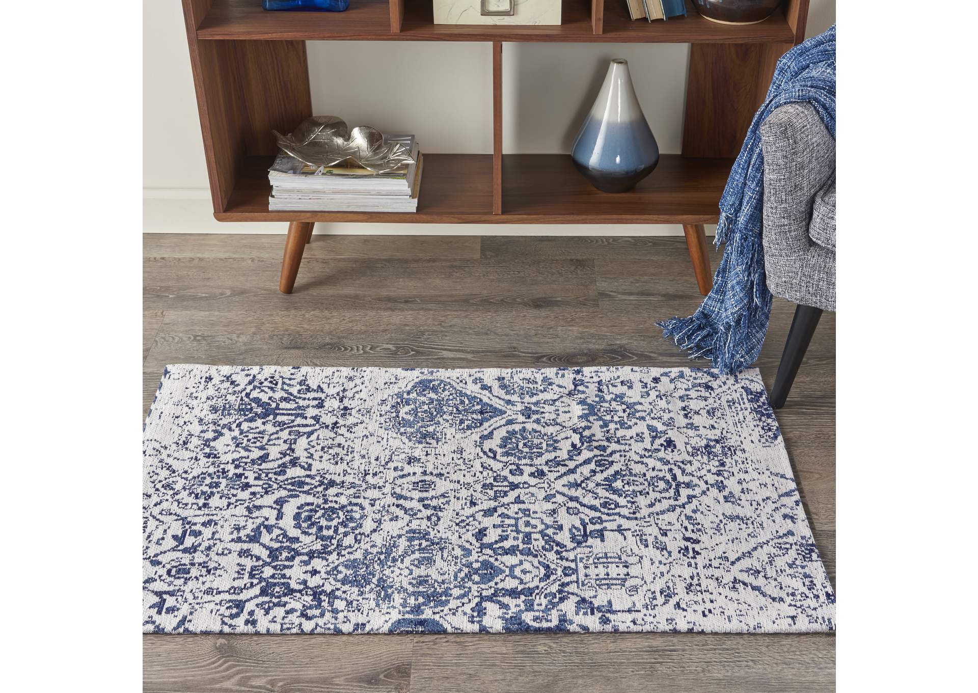 Nourison Damask 2' X 4' Dark Blue and White Vintage Area Rug,Nourison