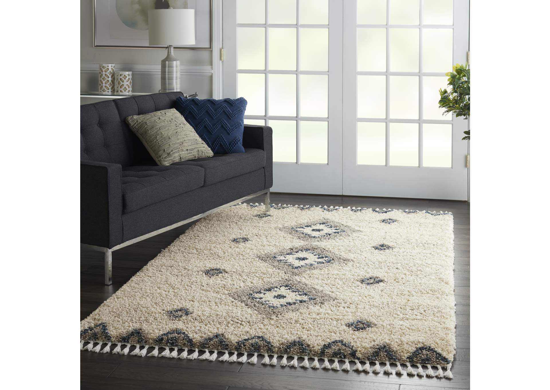 Nourison Oslo Shag OSL03 5'x8' Ivory and Blue Scandinavian Shag Rug,Nourison