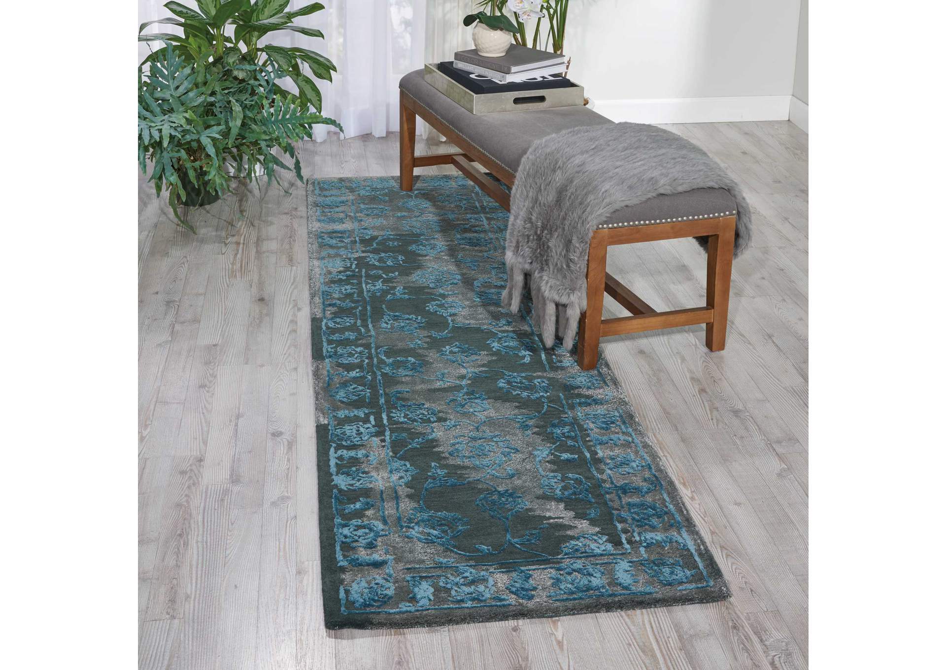 Nourison Opaline OPA12 Black and Blue 8' Runner Hallway Rug,Nourison